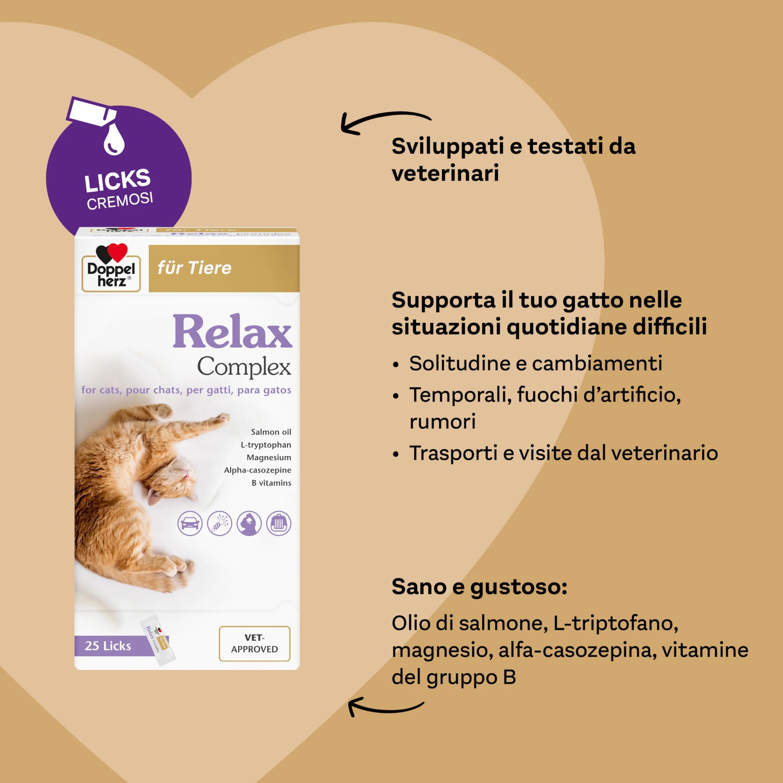 Doppelherz Relax Complex per Gatti – con Alpha-casozepina e L-triptofano – Supporto per il benessere mentale – 25 Licks cremoso