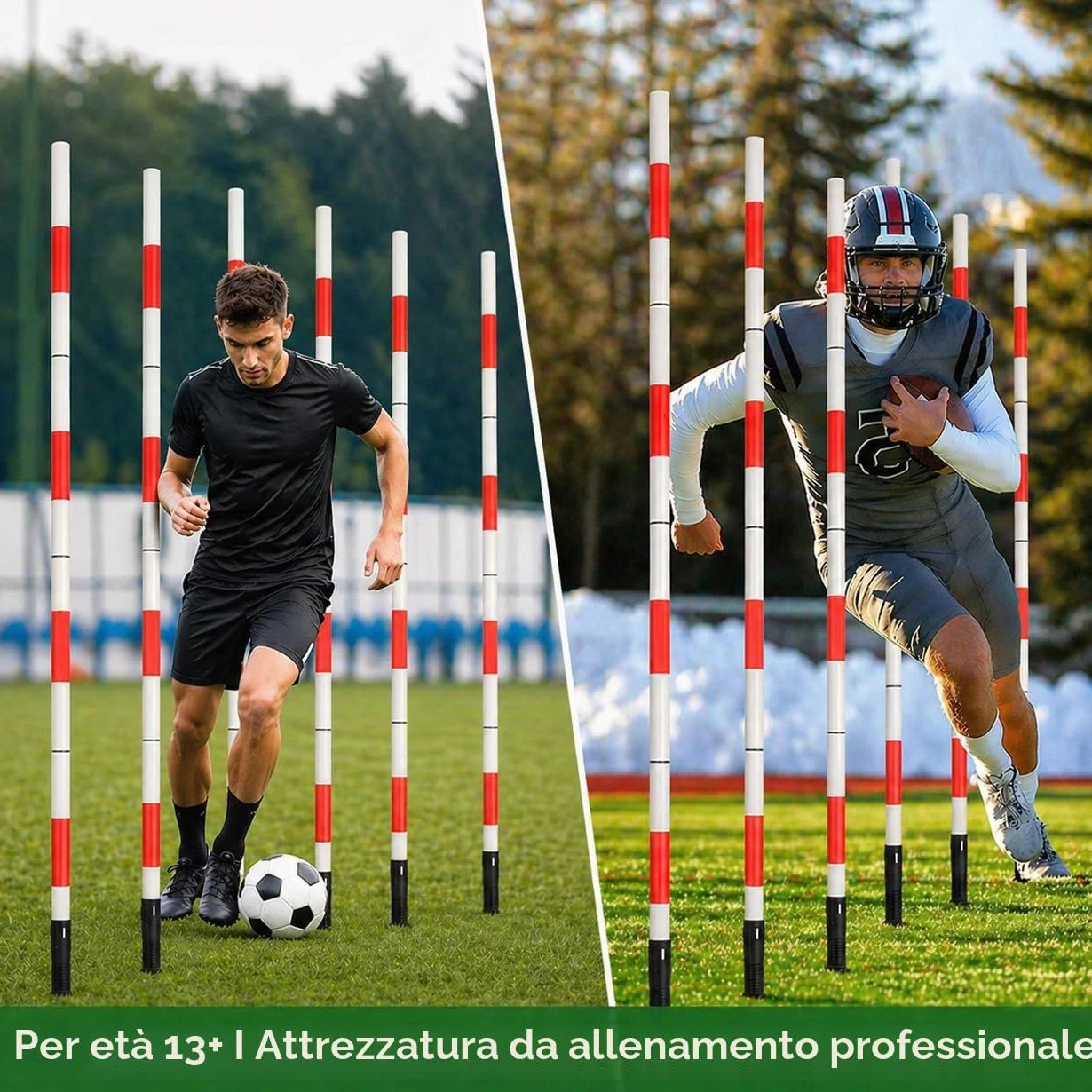 Set di Pali per Allenamento di Agilità Multifunzionale per Calcio Include 6 Pali per Agilità da Calcio, 3 Bastoni Orizzontali Regolabili, 6 Fibbie e 1 Borsa da Trasporto.