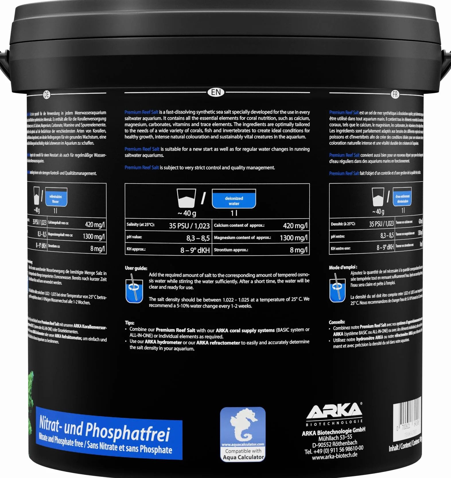 Sale marino 10  kg – ARKA Premium Reef Salt – sale sintetico per acquario marino – stimola la crescita dei coralli e i colori – si scioglie rapidamente, senza fosfati – parametri stabili