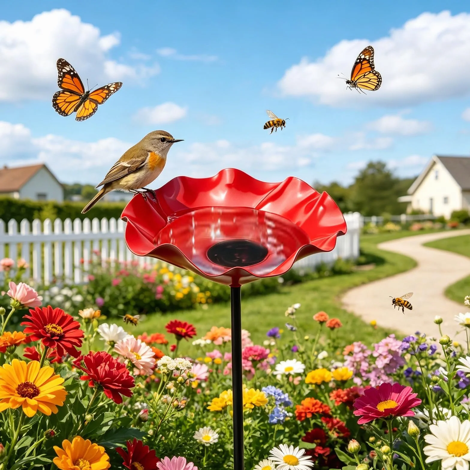 Paletto da Giardino in Metallo per Uccelli, Abbeveratoio a Forma di Fiore per Api – Bagno per Uccelli su Palo con Vasca – Decorazione da Giardino in Metallo Rosso – Altezza 65 cm