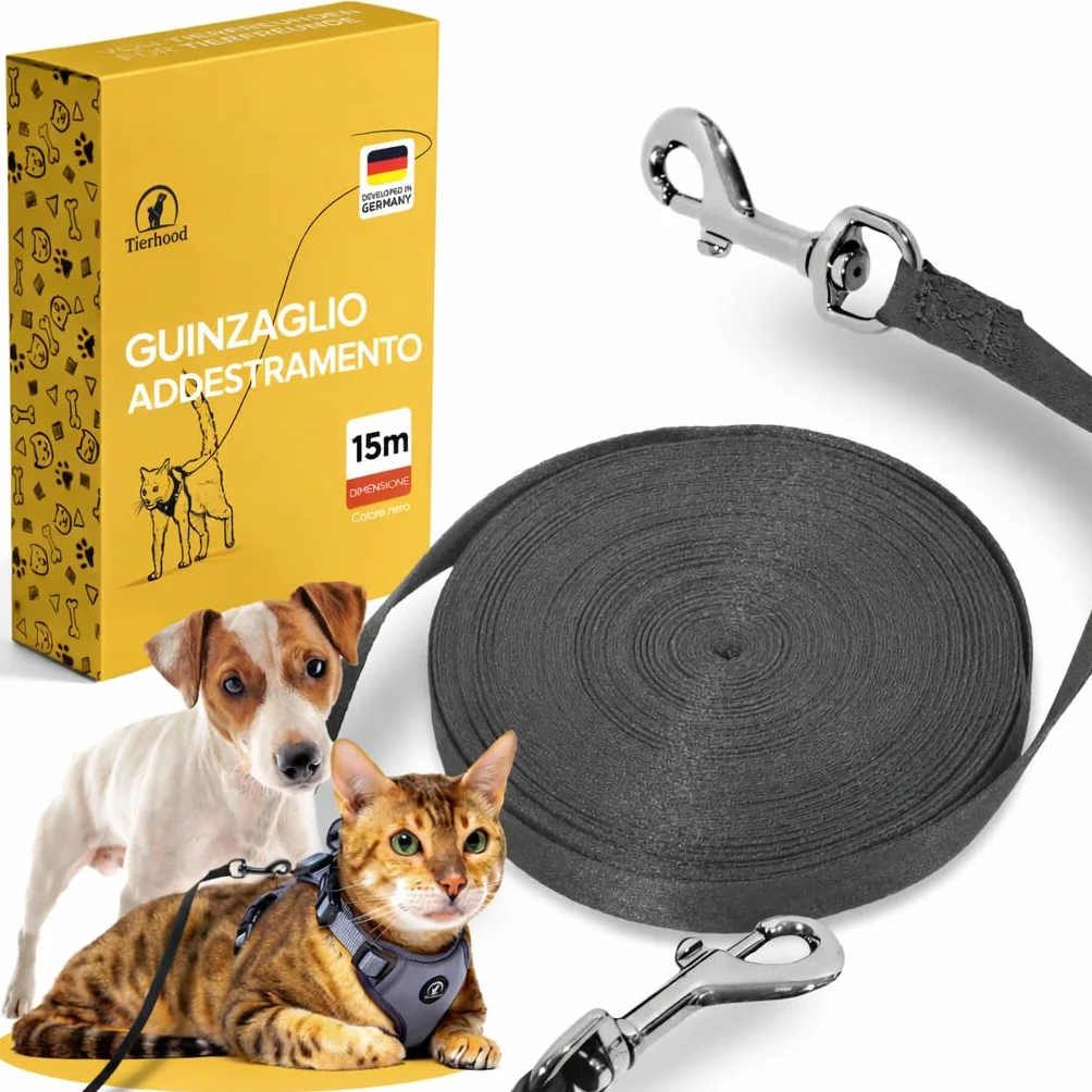Tierhood Guinzaglio addestramento per cani e gatti 15 m lunghina resistente da training richiamo moschettone sicuro
