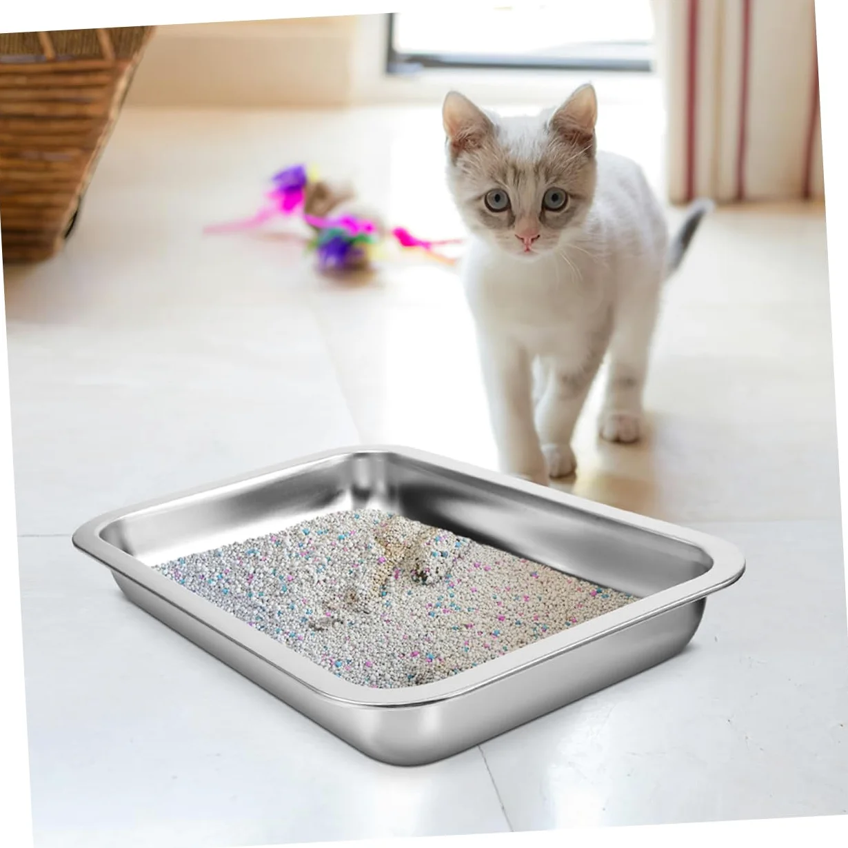 Luxshiny Lettiera per Gatti in Acciaio Inox 304 Aperta, Grande Capacità 2 Pezzi, Toilette per Gattini Resistente senza Perforazioni, per Uso Domestico e Viaggi