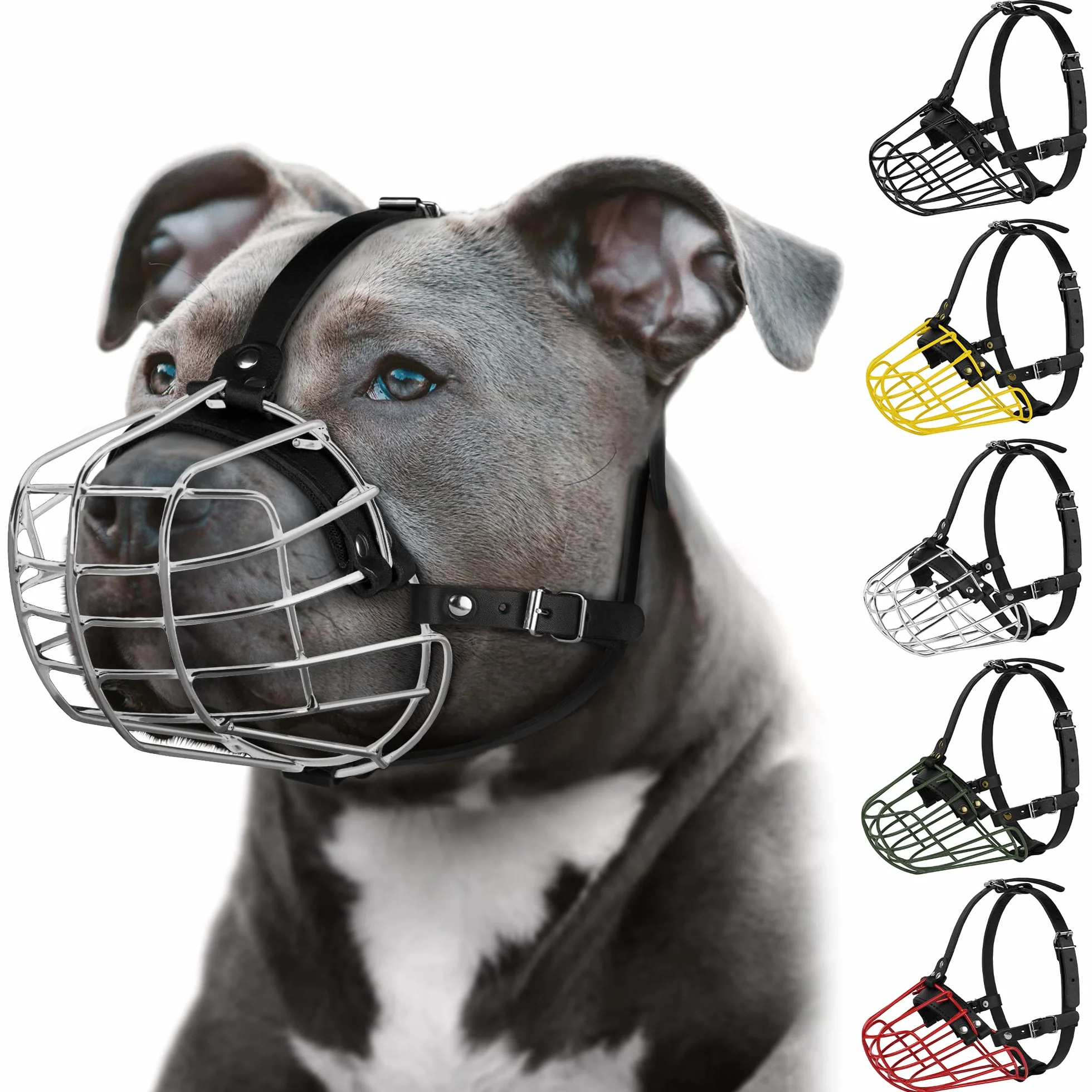 Amstaff - Museruola per cani Pitbull, con maschera in metallo, regolabile, resistente, cinghie in pelle per cani di taglia grande (acciaio)