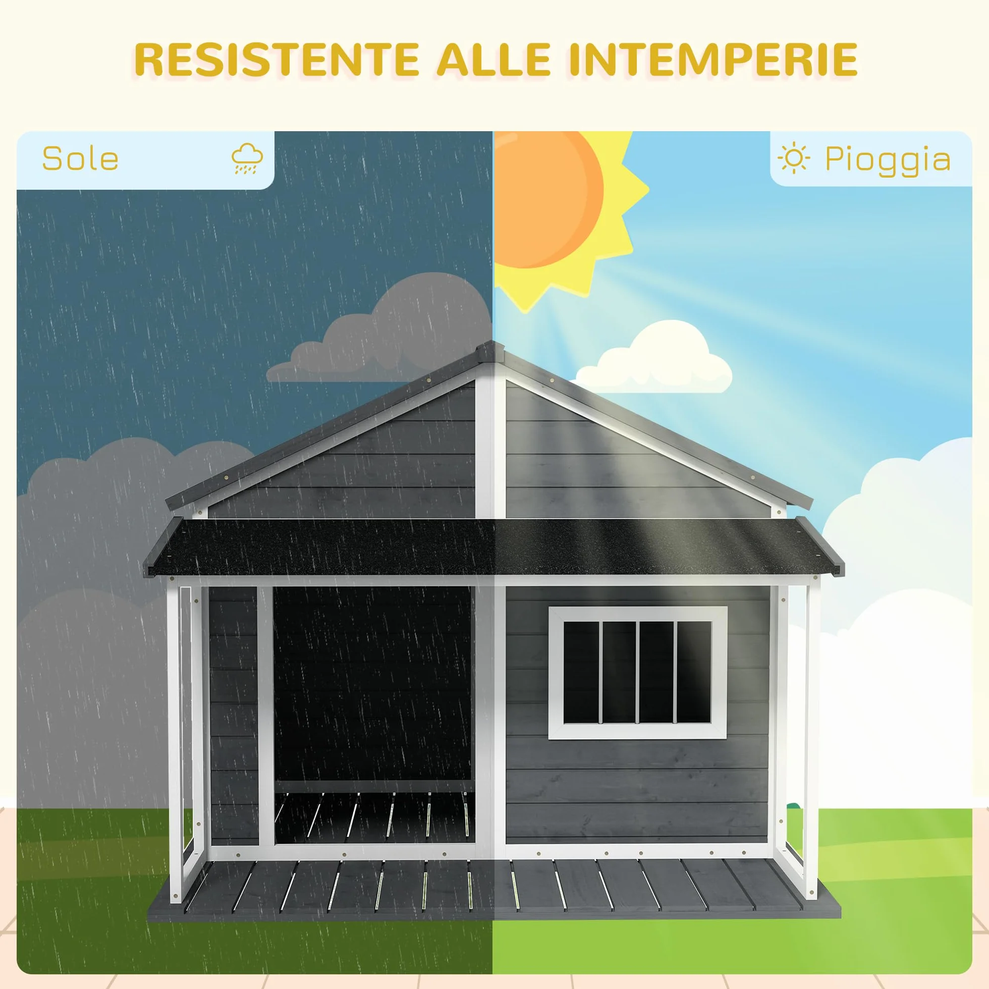 PawHut Cuccia per Cani da Esterno con Tetto in Bitume Impermeabile, Casetta per Cani in Legno Massello con Finestra e Terrazza, 124x112x105cm, Grigio