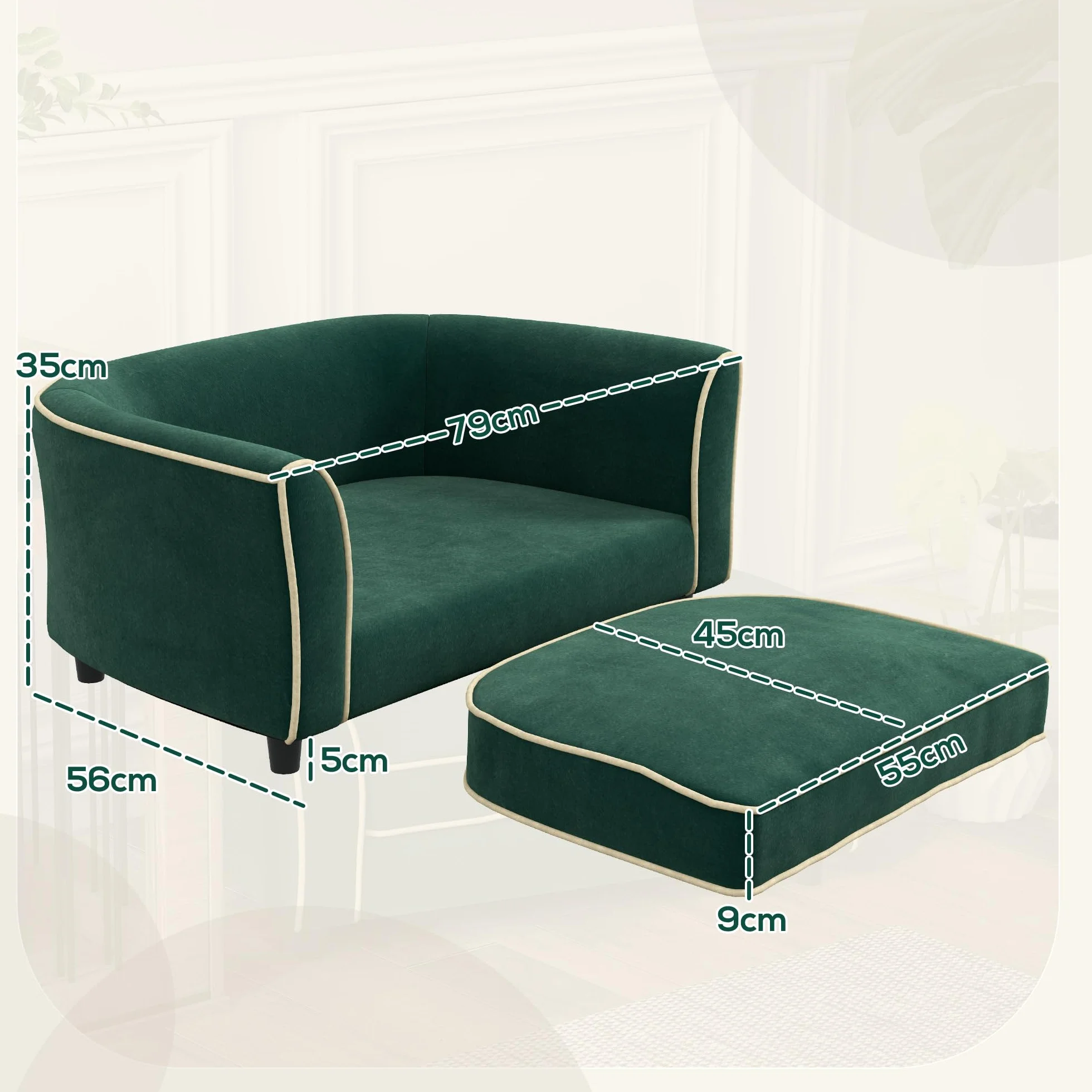 PawHut Divano per Cani Taglia Piccola e Media Elegante con Cuscino, Divanetto per Cani in Tessuto Effetto Velluto e Legno, 79x56x35 cm, Verde Scuro