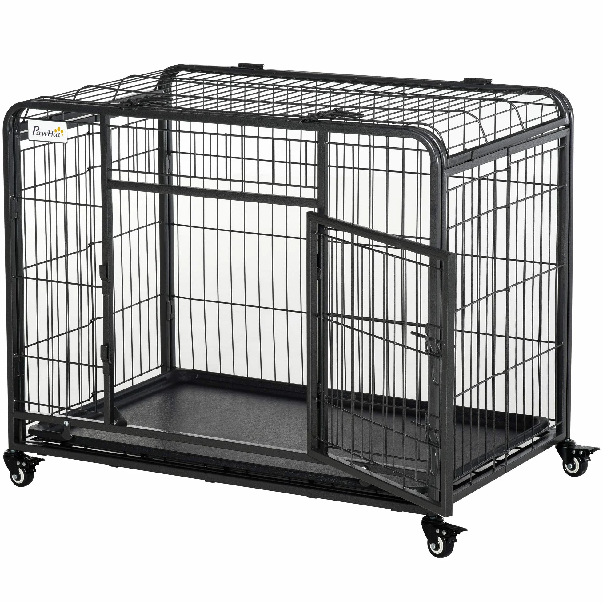 PawHut Kennel Gabbia per Cani Pieghevole a Doppia Porta con Blocco, Box per Cani con 4 Ruote con Freno e Fondo Rimovibile, 94x58x69.5 cm, Grigio Scuro