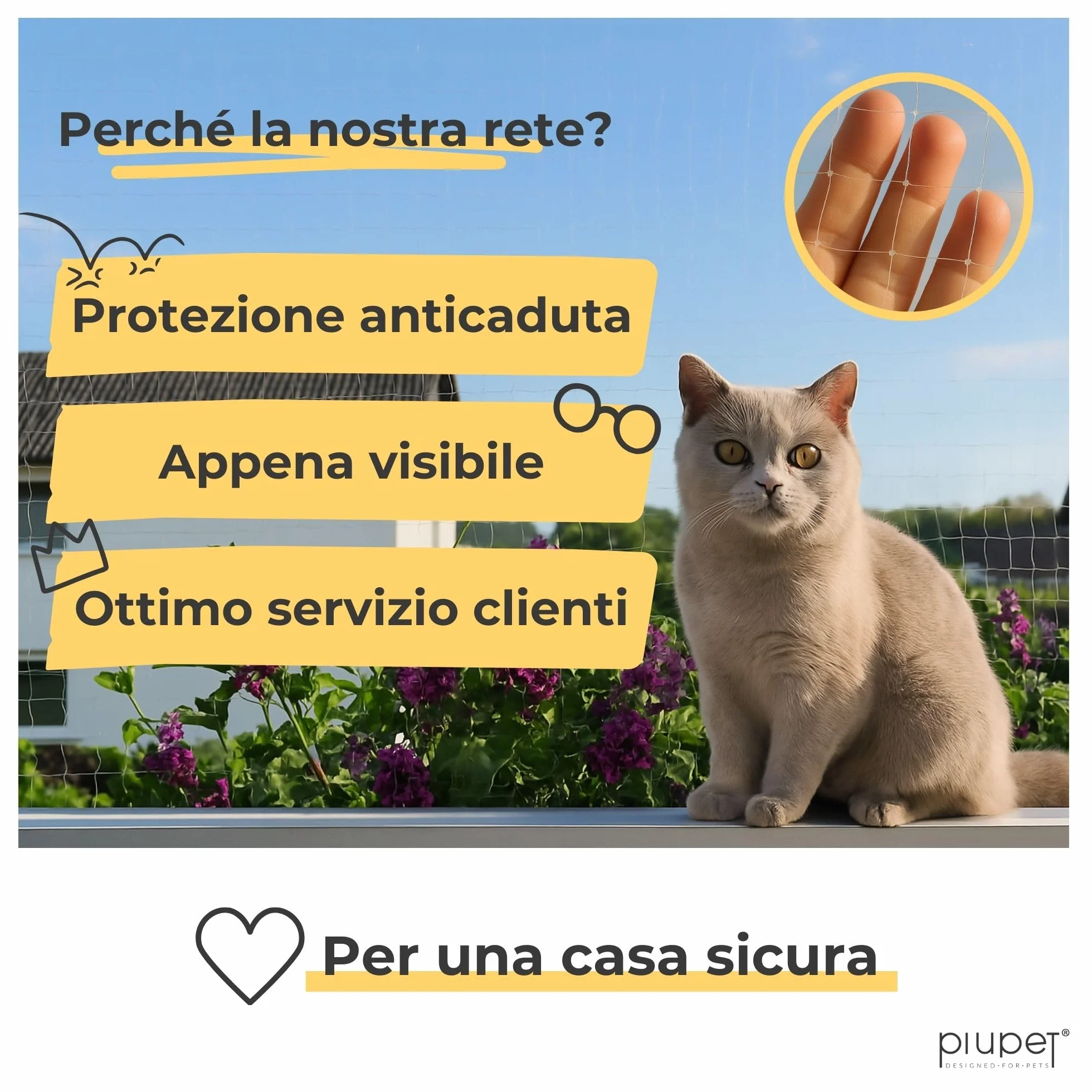 PiuPet® Rete per Gatti I Trasparente I 4x3m I Incl. Corda di Fissaggio I Rete per Gatti Balcone Trasparente I Rete Balcone per Gatti | Rete Protezione Balcone e Finestra per Gatti
