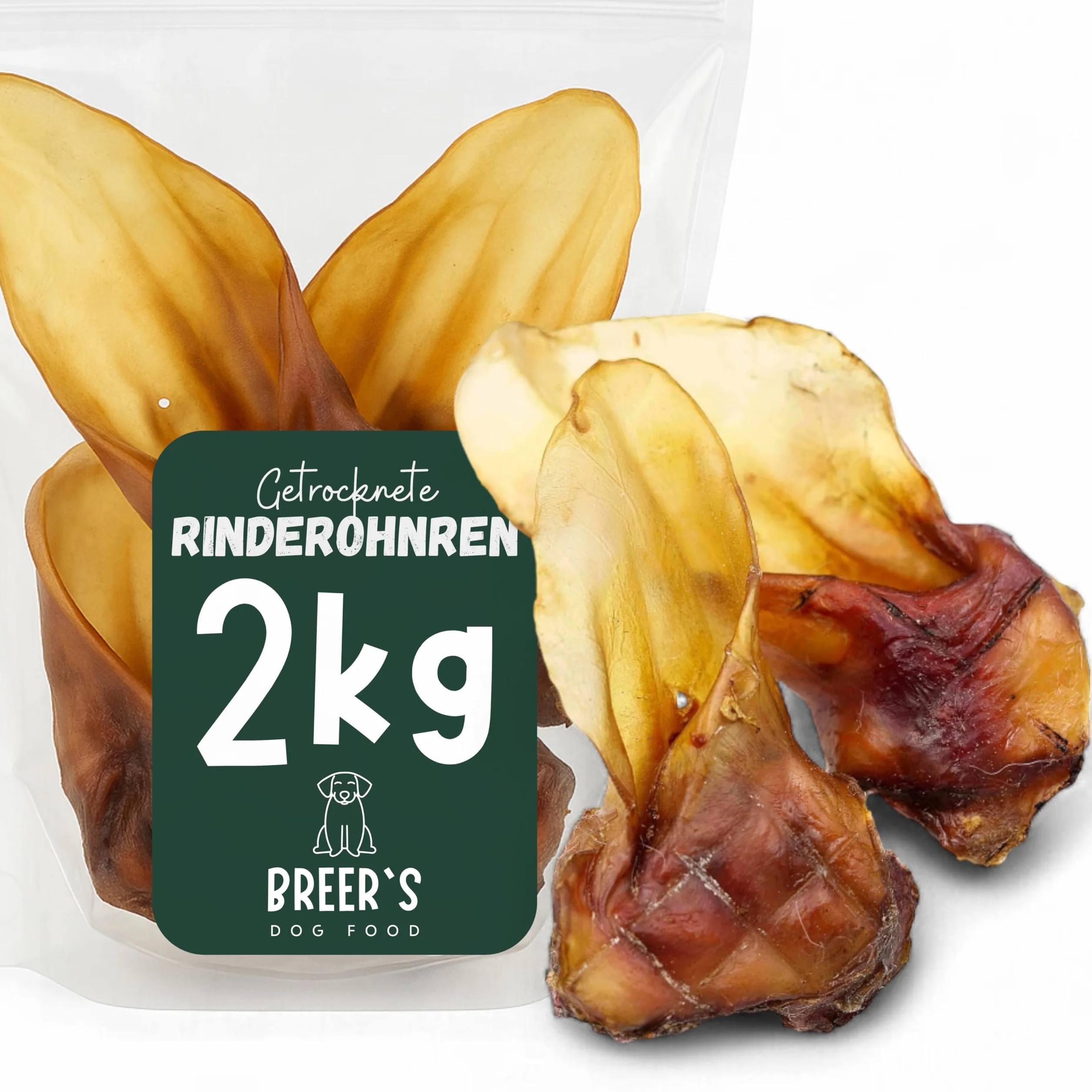 Breers - Orecchie di manzo essiccate con conchiglia per cani, 2 kg di produzione tedesca, articolo da masticare per grandi e piccini