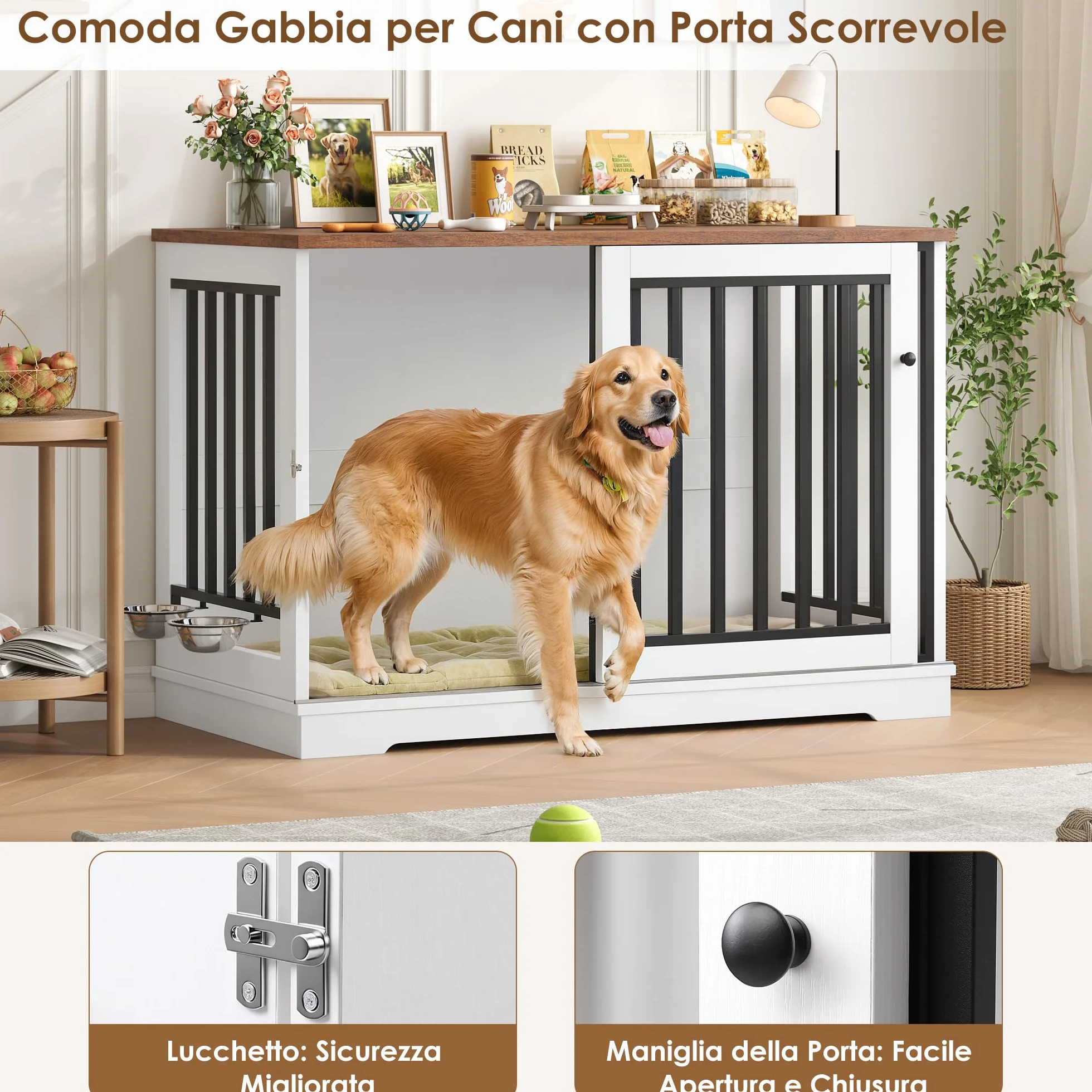 FirFurd 120 cm Gabbia per Cani, Kennel Cane Grande con Porta Scorrevole, con 2 Ciotole che Ruotano di 360°, Cane Kennel in Metallo e Legno, 120x60x90cm (Bianco+Marrone)