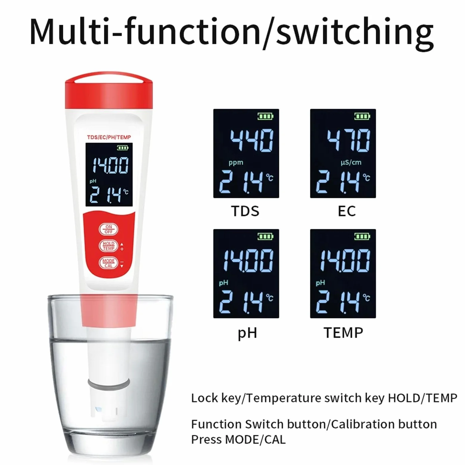 Tester dell'Acqua, Misuratore di PH Digitale Impermeabile 4 in 1, misuratore di PH, Temperatura, TDS, EC, Tester di qualità Acqua, Penna for Test di purezza Acqua for Piscine e acquacoltura