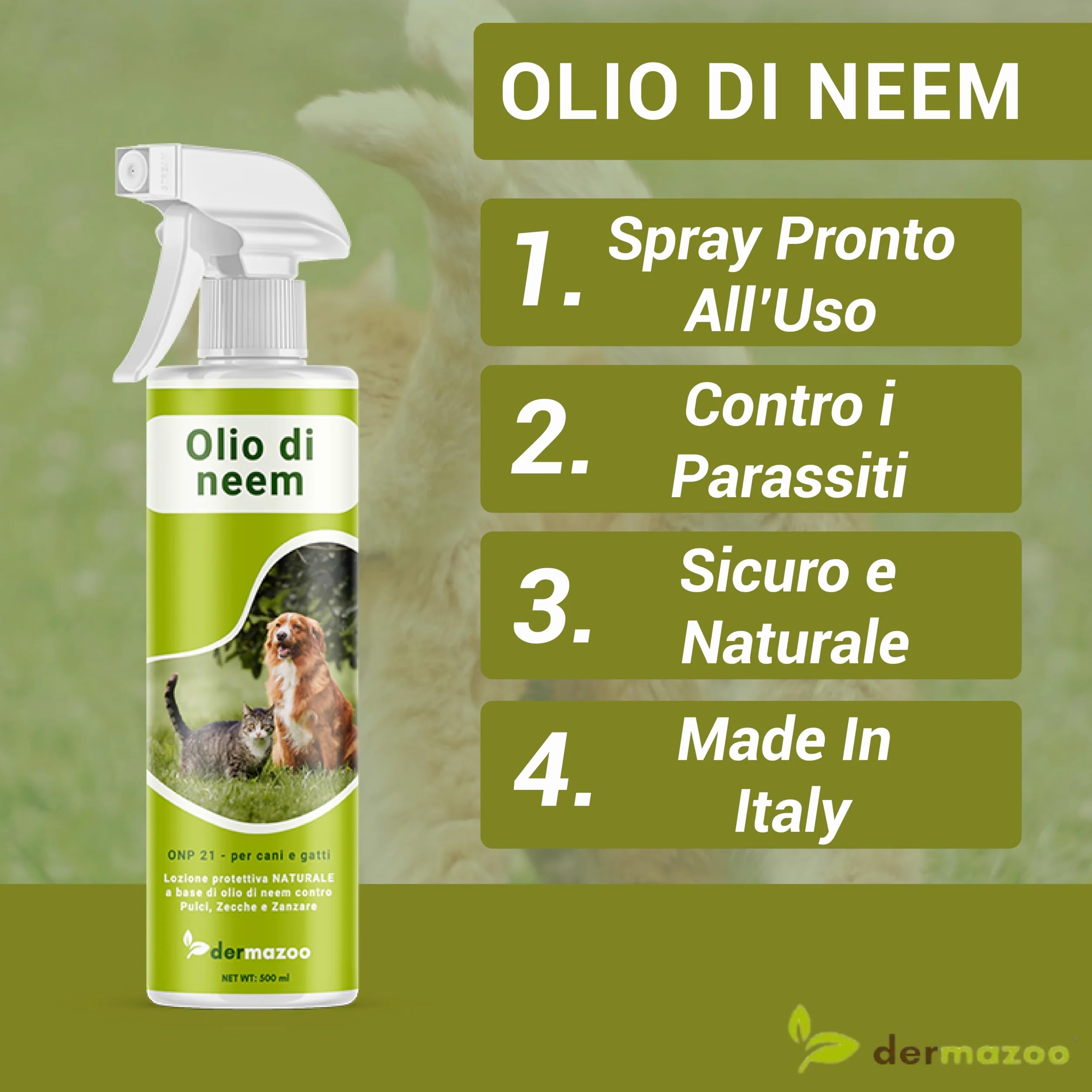 Olio di Neem per Cani Gatti e Cavalli 500 ml, Spray Antiparassitario Naturale per Cani, Olio di Neem per Animali Domestici, Spray Repellente, Antizanzare Cane e Gatto, Made in Italy