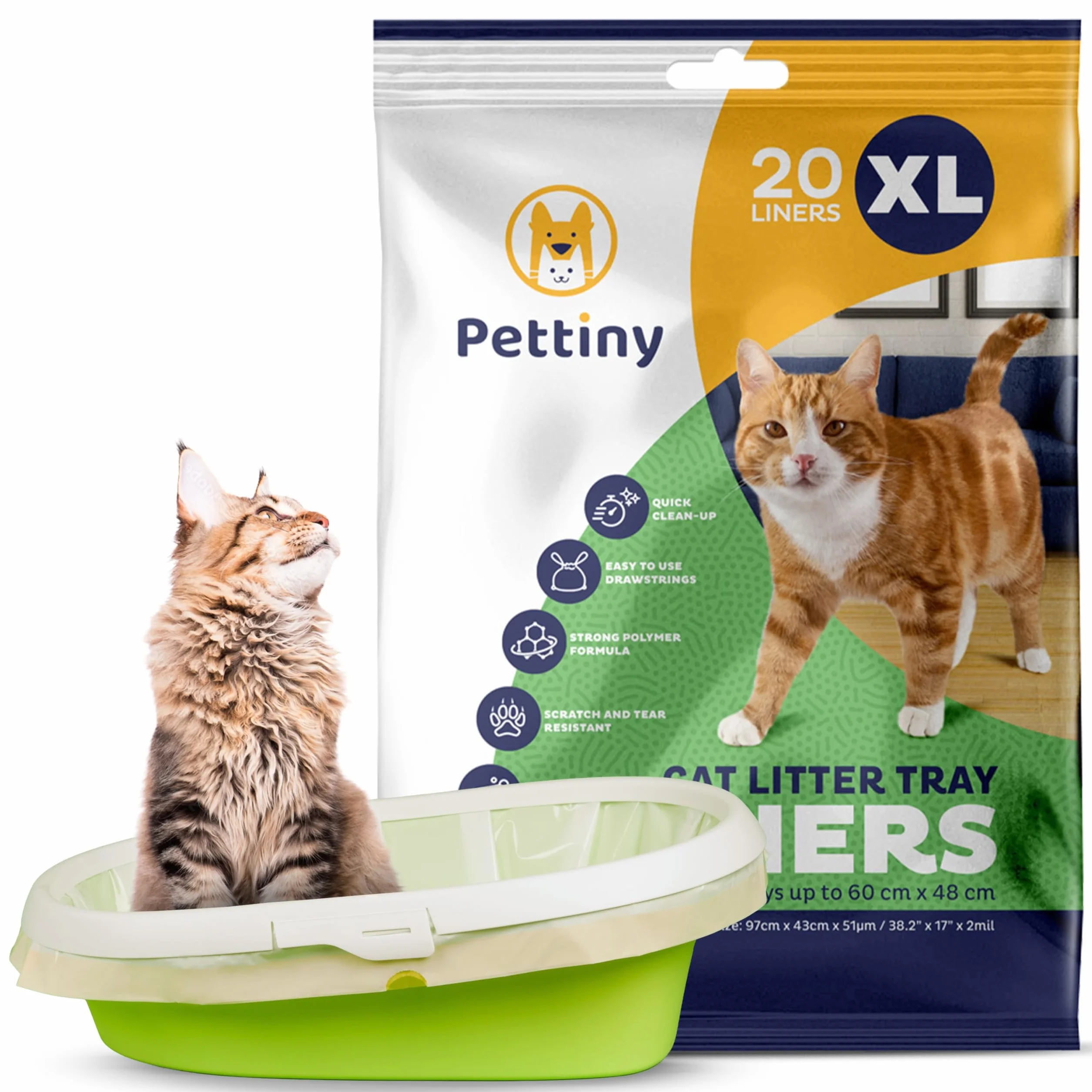Pettiny 20 Sacchetti XL per Lettiera per Gatti con Coulisse Sacchi Resistenti ai Graffi per Cassetta Igienica Grande