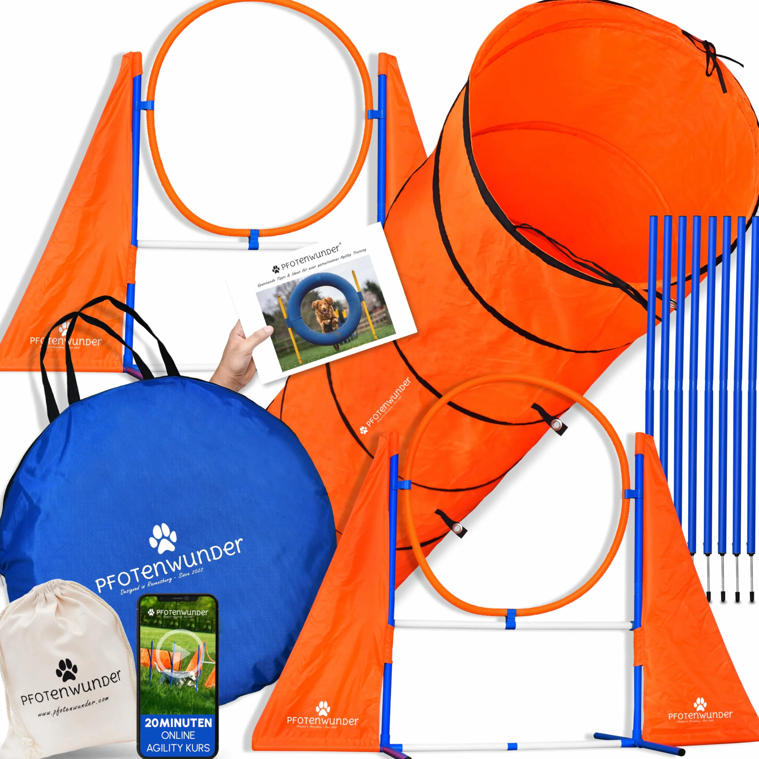 PfotenWunder® XXL-Attrezzatura di Agility per Cani + 6 Barre da Slalom, 1 Tunnel, agilità di Piccola e Grande Taglia, Agility Dog, Attrezzature per l'addestramento Giochi Sportivi e percorsi Attrezzi