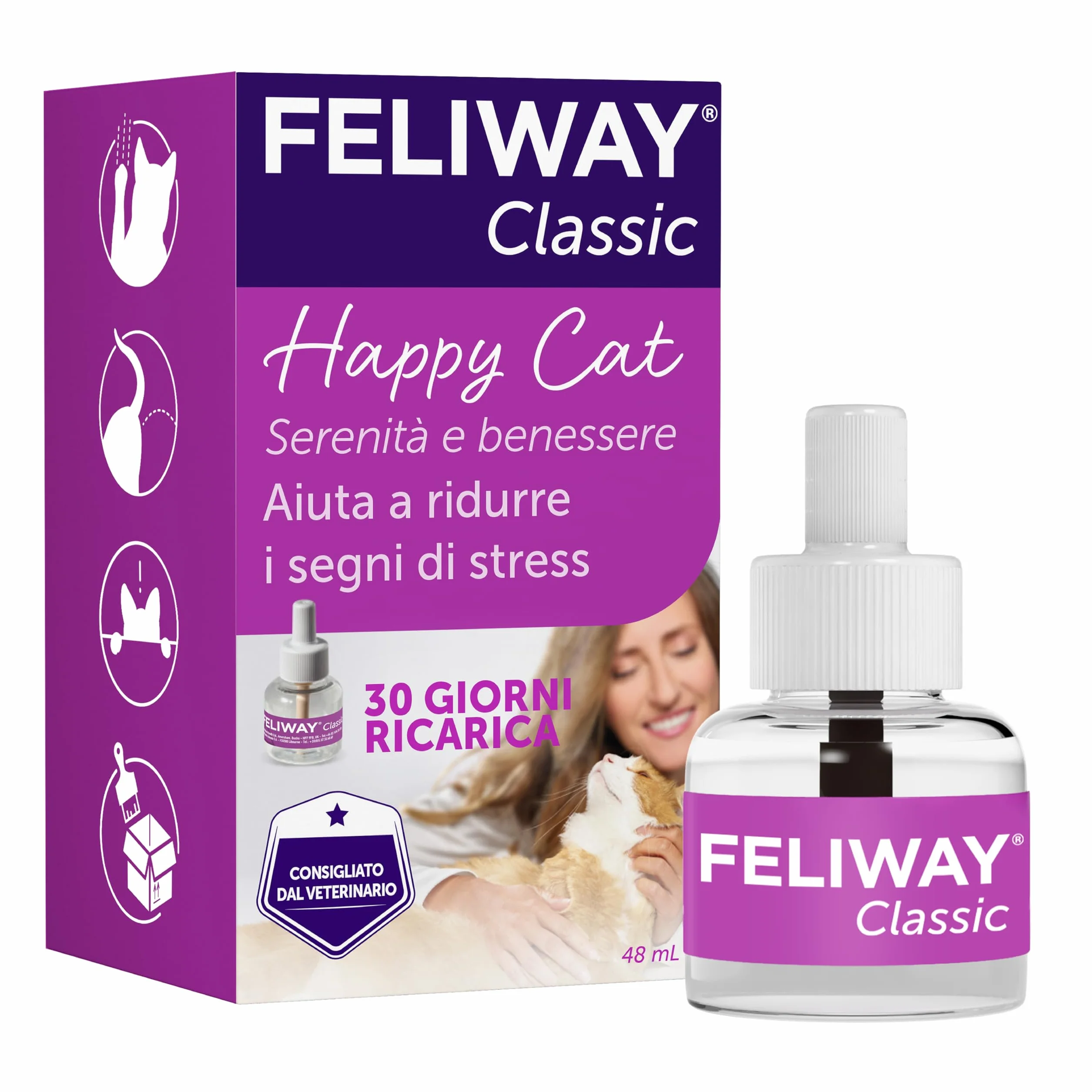 FELIWAY Classic 1x30 Giorni Ricarica Calmante per Gatti per Diffusore di Feromoni, 48 ml – Aiuta a risolvere i segni comuni di stress nei gatti e gattini, Raccomandato dai Veterinari