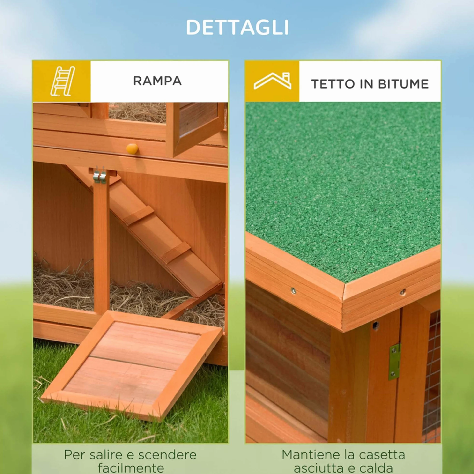 PawHut Conigliera da Esterno in Legno con Rampa a 2 Piani Casetta per Porcellini d'India e Gabbia Casetta per Conigli Animali Piccoli 122x48x100 cm