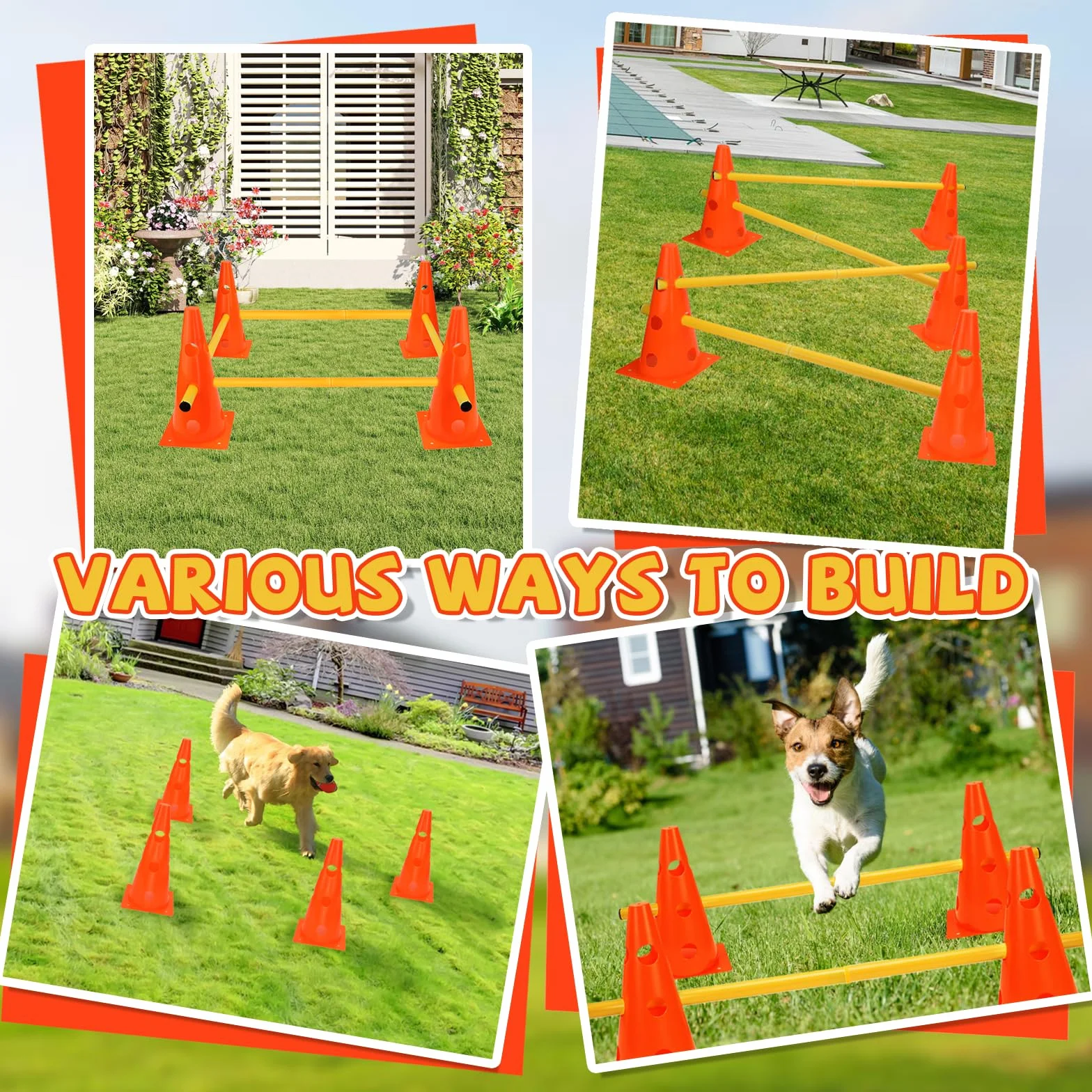 Agility Set per cani ostacoli per bambini, ostacoli per bambini, cani, parcour per saltare, cane Cavaletti, 8 coni 32 cm di altezza + 8 aste lunghe 80 cm, per esercizi di allenamento