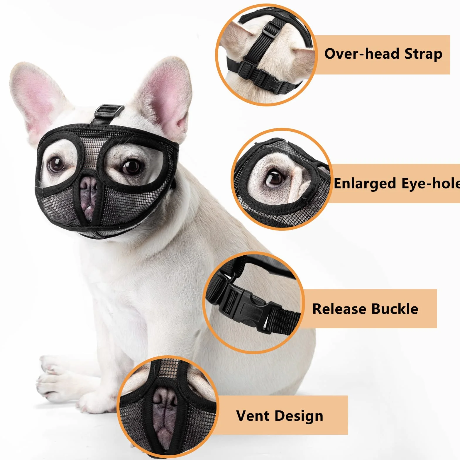 ILEPARK Museruola Cane Short Bunno, Regolabile Non Coprire Ayse Mesh Bulldog Muszza per Morgere Maggio (M,Nero)