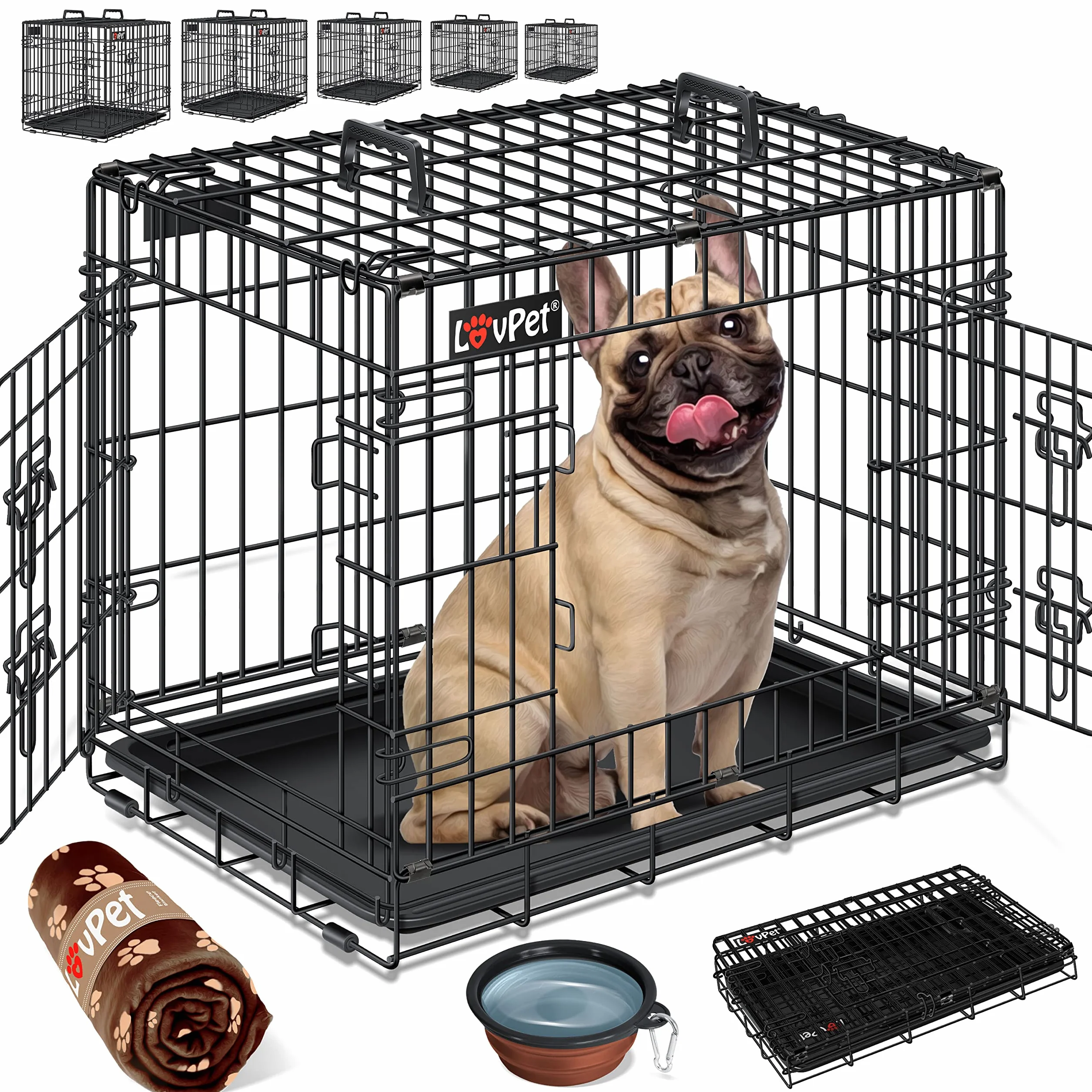 LOVPET® Gabbia pieghevole per Cani con Coperta in Pile + Ciotola per Cani con 2 porte Gabbia per Trasporto Auto - 92,5x57,5x64 cm, Trasportino per Animali con Pavimento, L - Nero