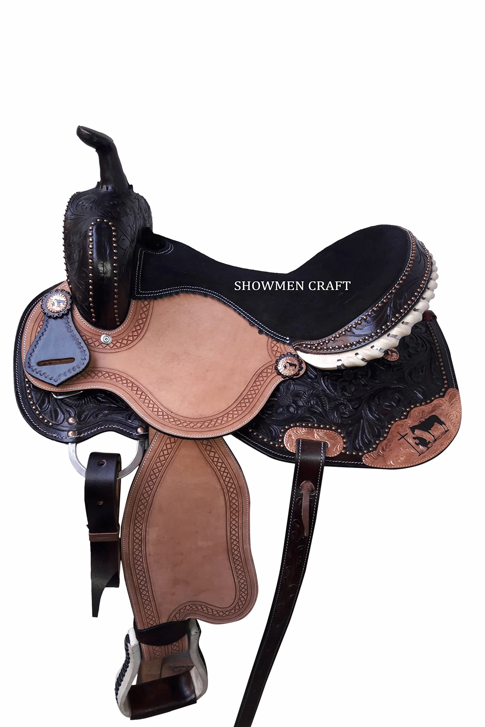 Western Saddle Barrel Racing Sella con accenti in rame da cowboy in preghiera con testiera e pettorale
