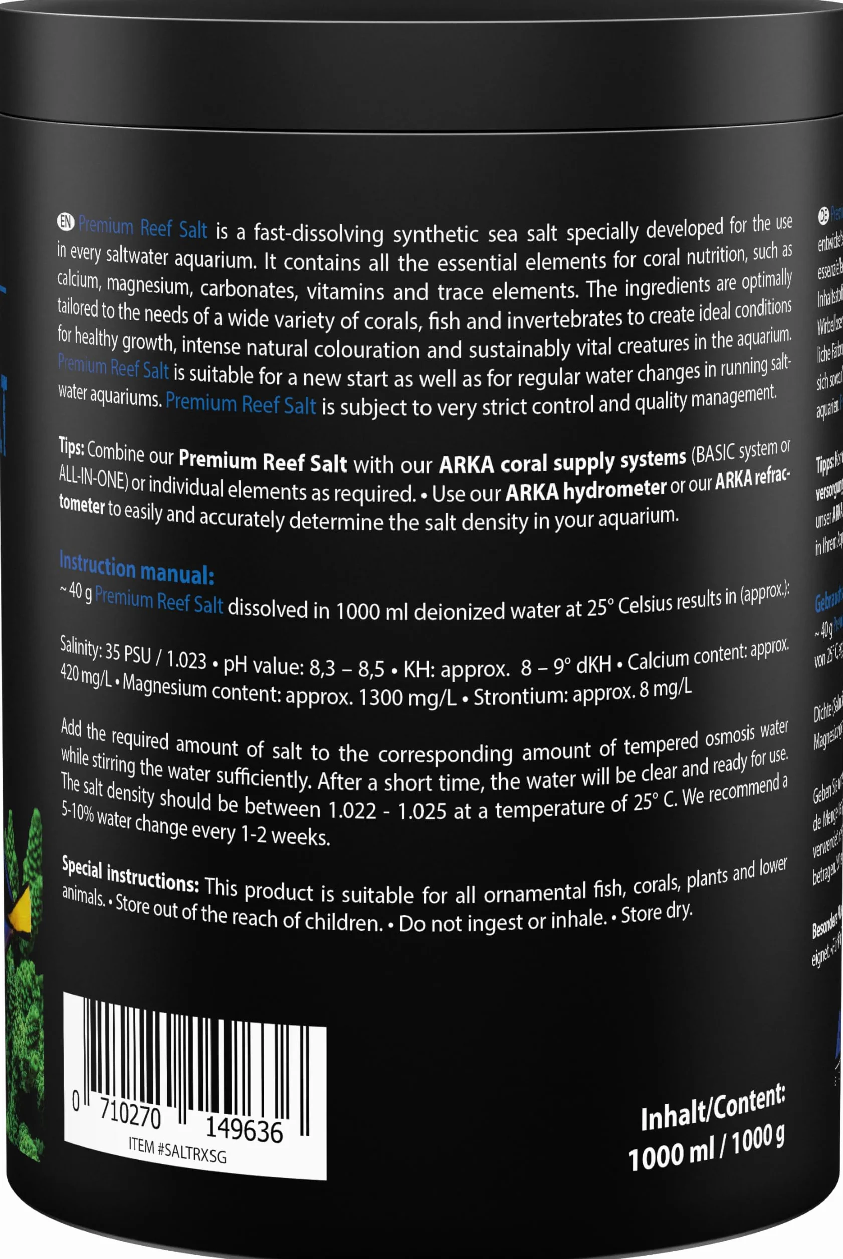 Sale marino 1 kg – ARKA Premium Reef Salt – sale sintetico per acquario marino – stimola la crescita dei coralli e i colori – si scioglie rapidamente, senza fosfati – parametri stabili