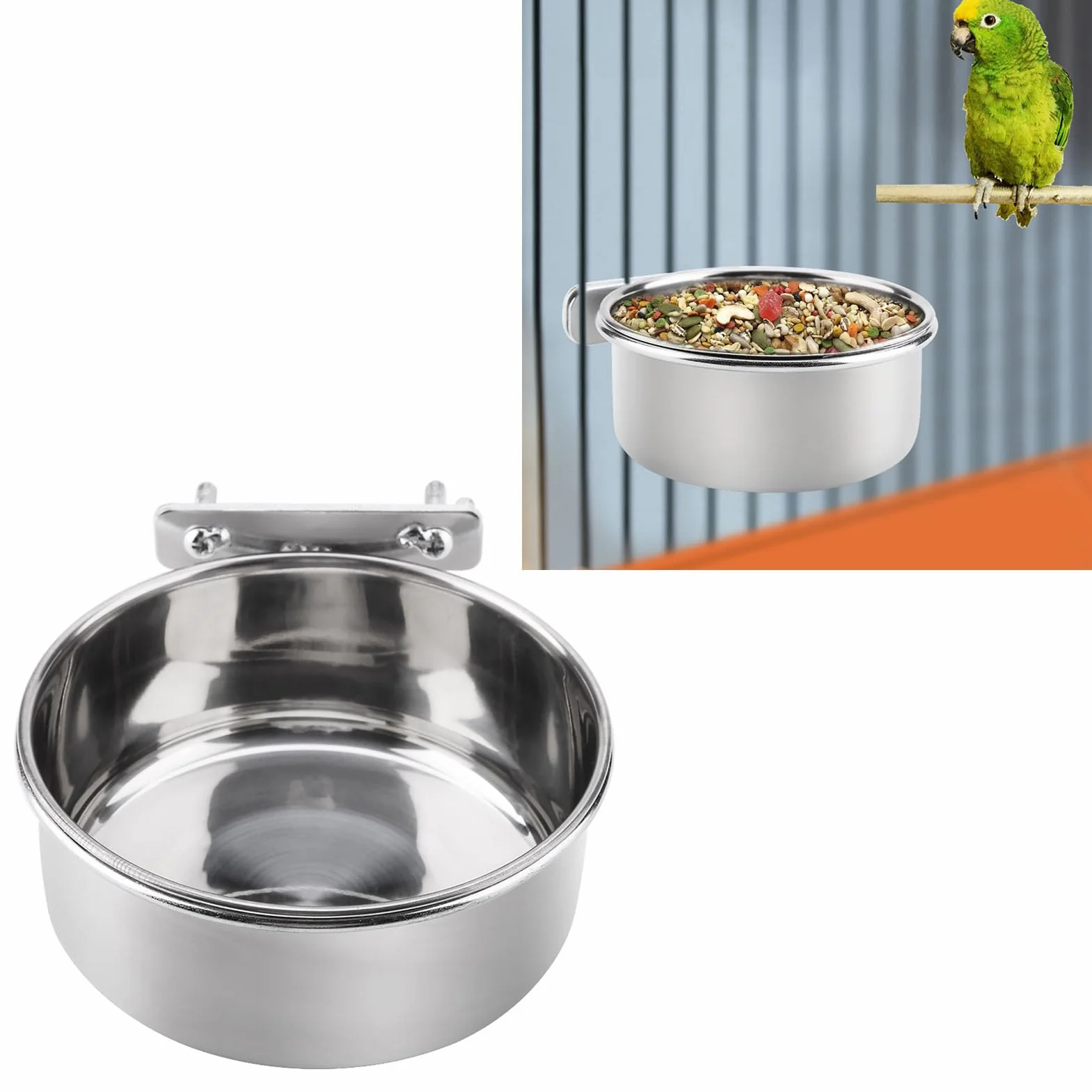 Appendere cibo regolabile acqua cibo ciotola di alimentazione in acciaio inox pappagallo parrocchetto alimentatore gabbia per uccelli accessorio bere tazza(L)