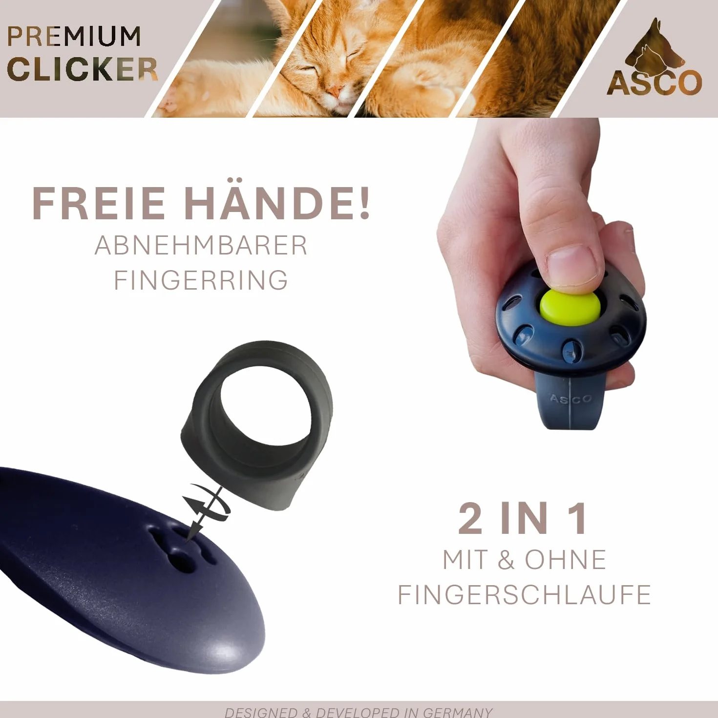 ASCO Clicker da Dito Premium con Bracciale a Spirale per clicker Training, clicker Professionale per Cani, Gatti e Cavalli, clicker per addestramento Cani, Nero AC01FS