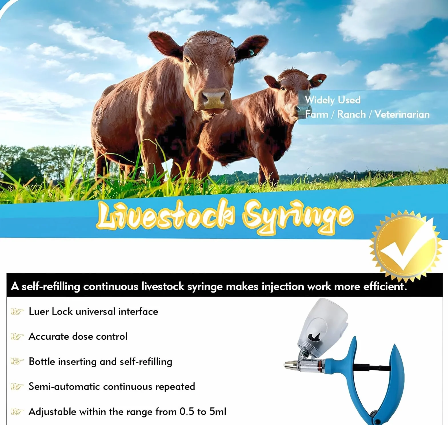 Siringa Veterinaria Continua, Pistola Iniettatrice di Precisione Continua a Dose Fissa Regolabile da 2 ml/5 ml/10 ml per Pollame da Allevamento(E,5ML)