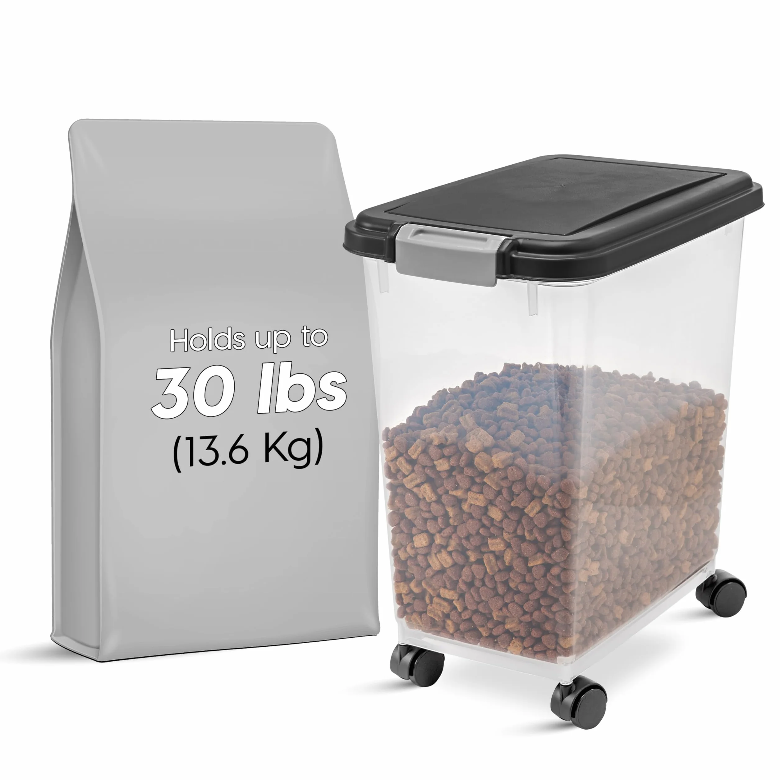 Iris Ohyama, Contenitore per Crocchette Ermetico, 30L/11kg, Nero, Ermetici, Plastica, con Coperchio, Per Cibo per Gatti, Cani, Cibo secco, Crocchette, Dolci, MP-8