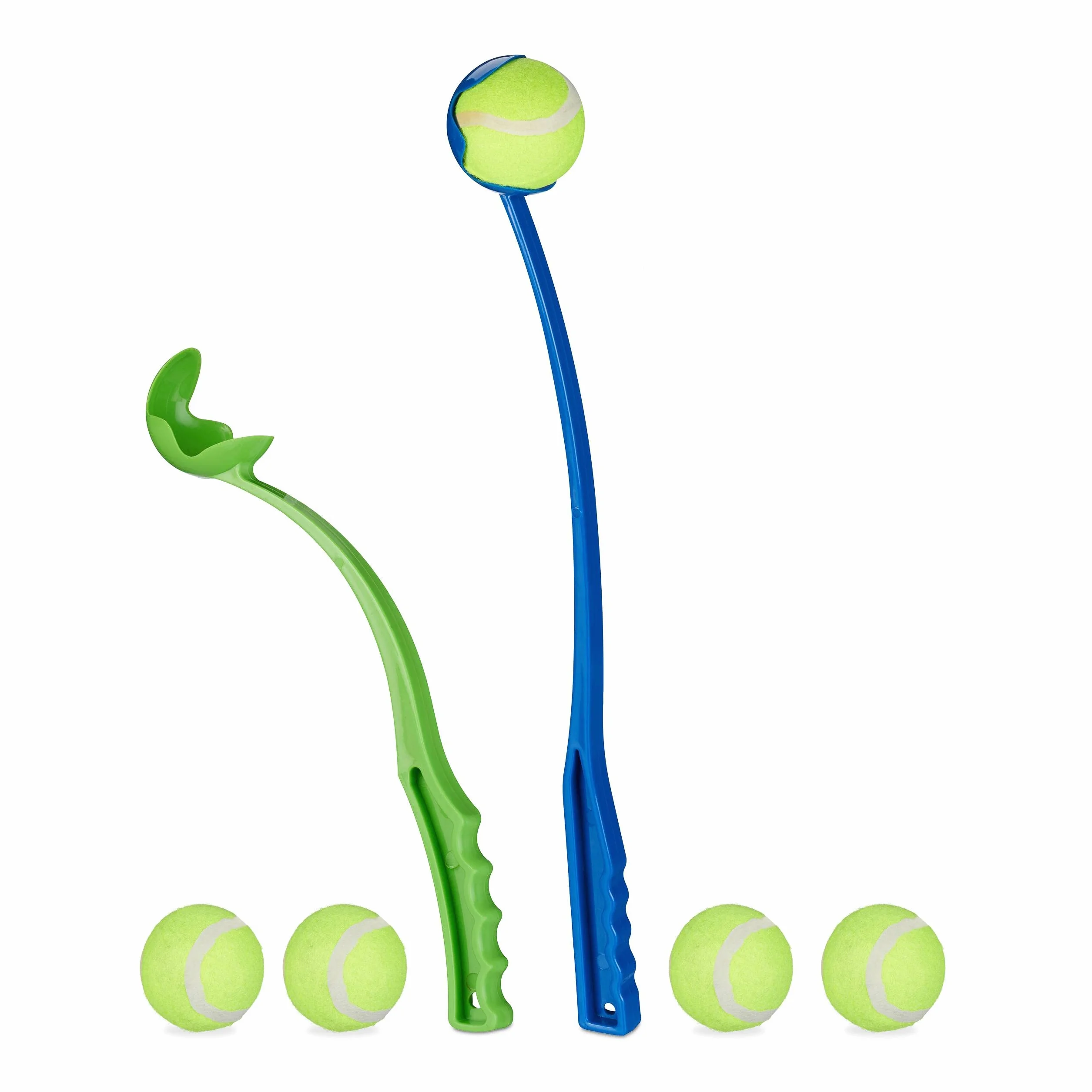 Relaxdays Lancia Palla per Cani, Set da 2 Giocattolo Ball Launcher per Animali Domestici, 5 Palline da Tennis, Blu Verde