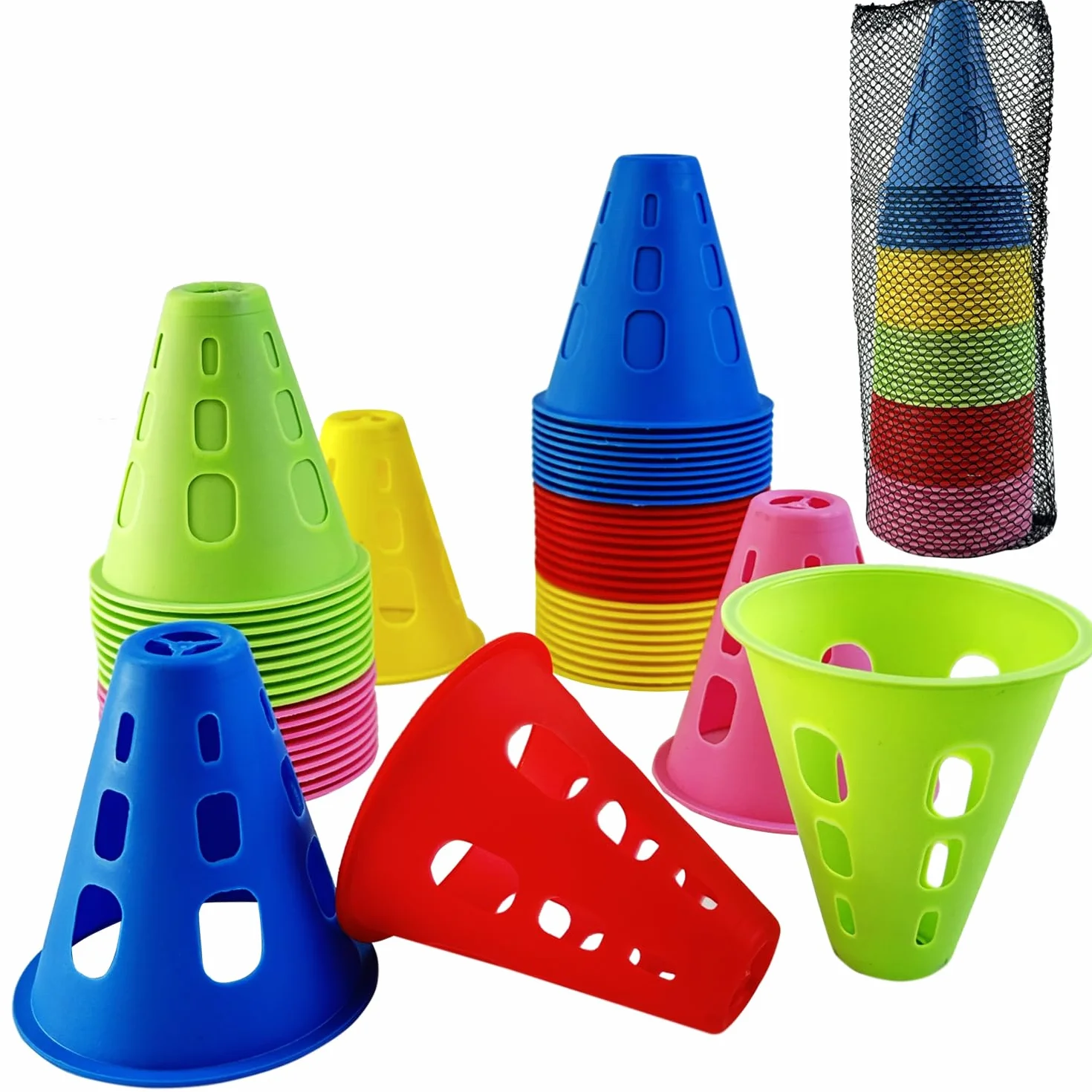 Coni di Slalom,Slalom Coni di Allenamento，Coni per Allenamento Sportivo, Set da 50 Pezzi, Ostacoli per l'allenamento di Bambini, Calcio e Pattinaggio a rotelle