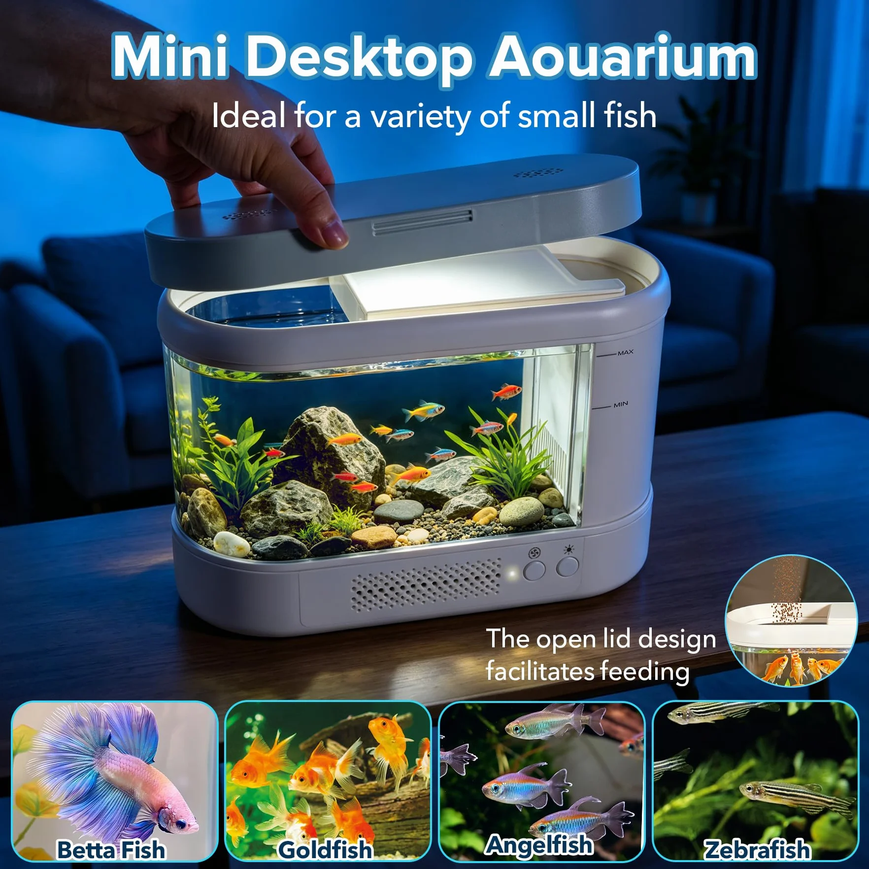 3,7L Mini Acquario Completo,Bianco Acquario in Acrilico con Sistema di Filtraggio e Illuminazione a LED, Piccolo Aquario da Tavolo per Betta,Pesci di Piccole Dimensioni, Piante e Gamberetti