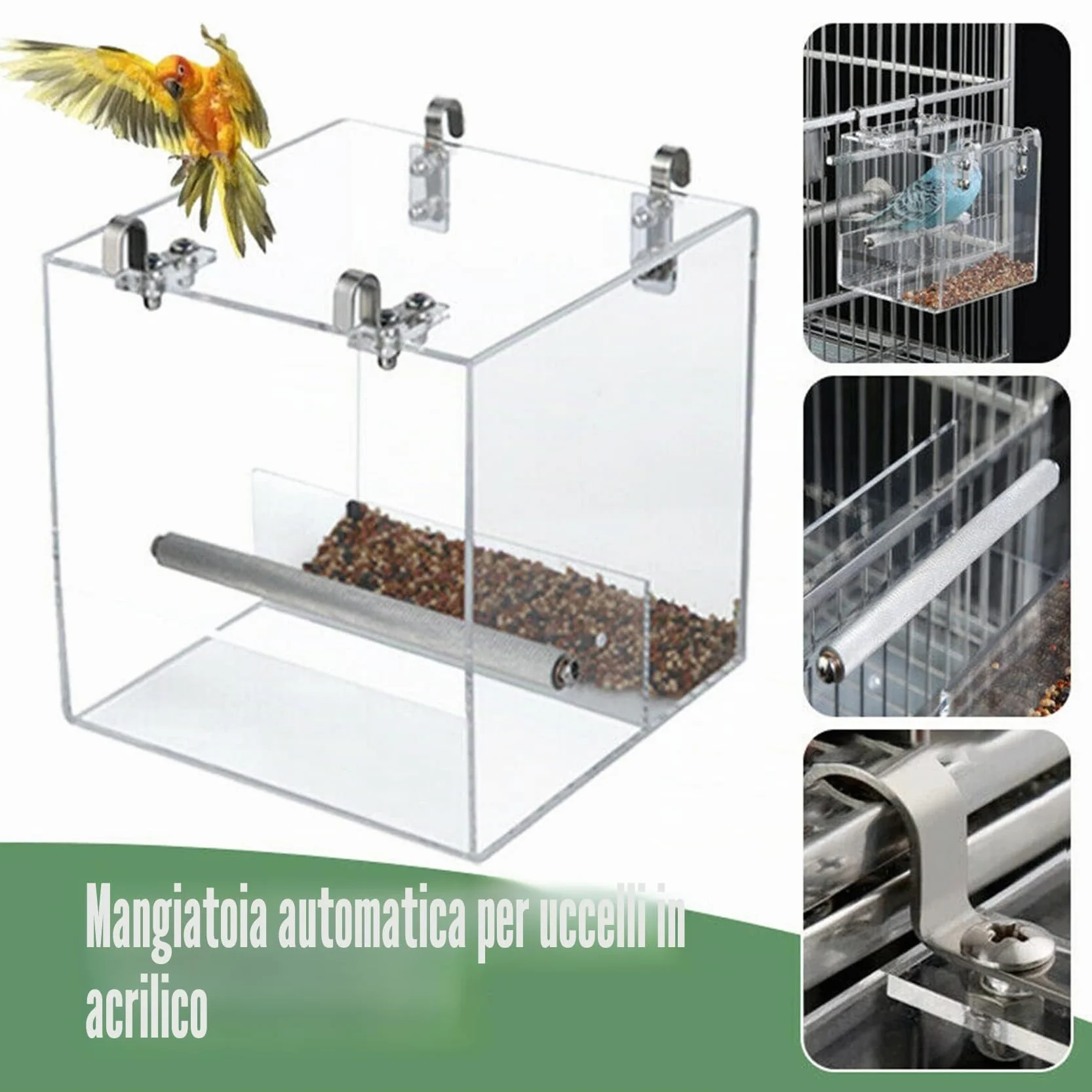 GURECOD Gabbia per uccelli, mangiatoia per uccelli in acrilico senza perdite, distributore di semi per pappagalli, pappagallo, pappagallo canarino e fringuello (13x13x11cm)