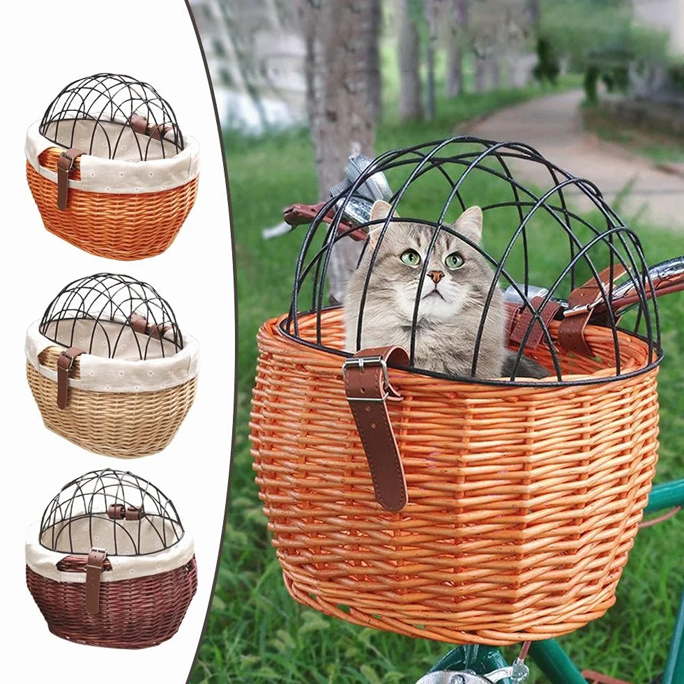 Cestino anteriore in vimini per bicicletta, con telaio in ferro, intrecciato a mano, per cani, gatti e piccoli animali,11.81 x 9.84 inch