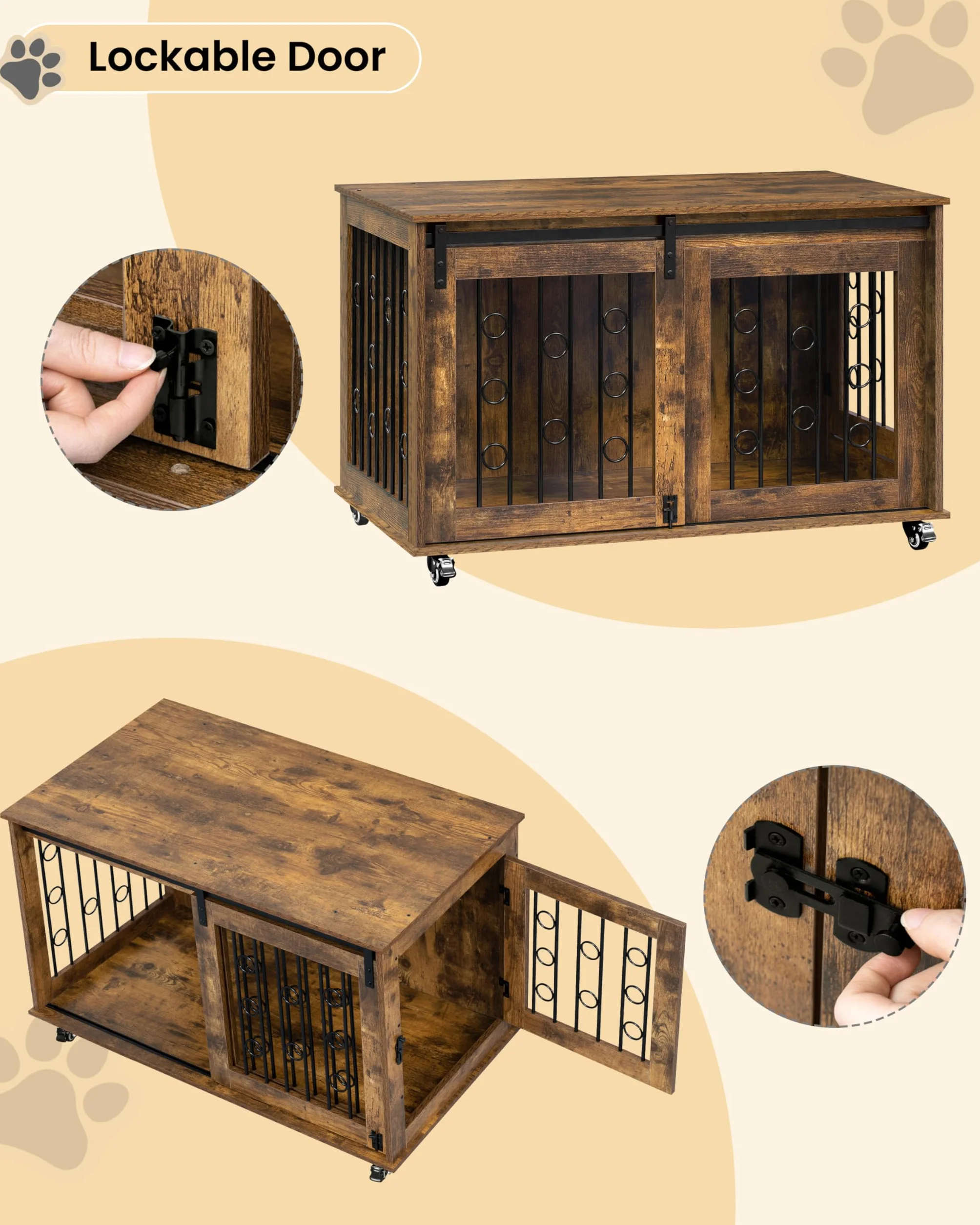 EUGAD 100cm Gabbia per Cani, Mobile Kennel per Cani da Interno, Kennel Cane in Legno con 2 Porte Ruote 360° Gabbie per Cane Medio Grande, Dog Crate Arredamento Marrone Vintage 100x56x65cm