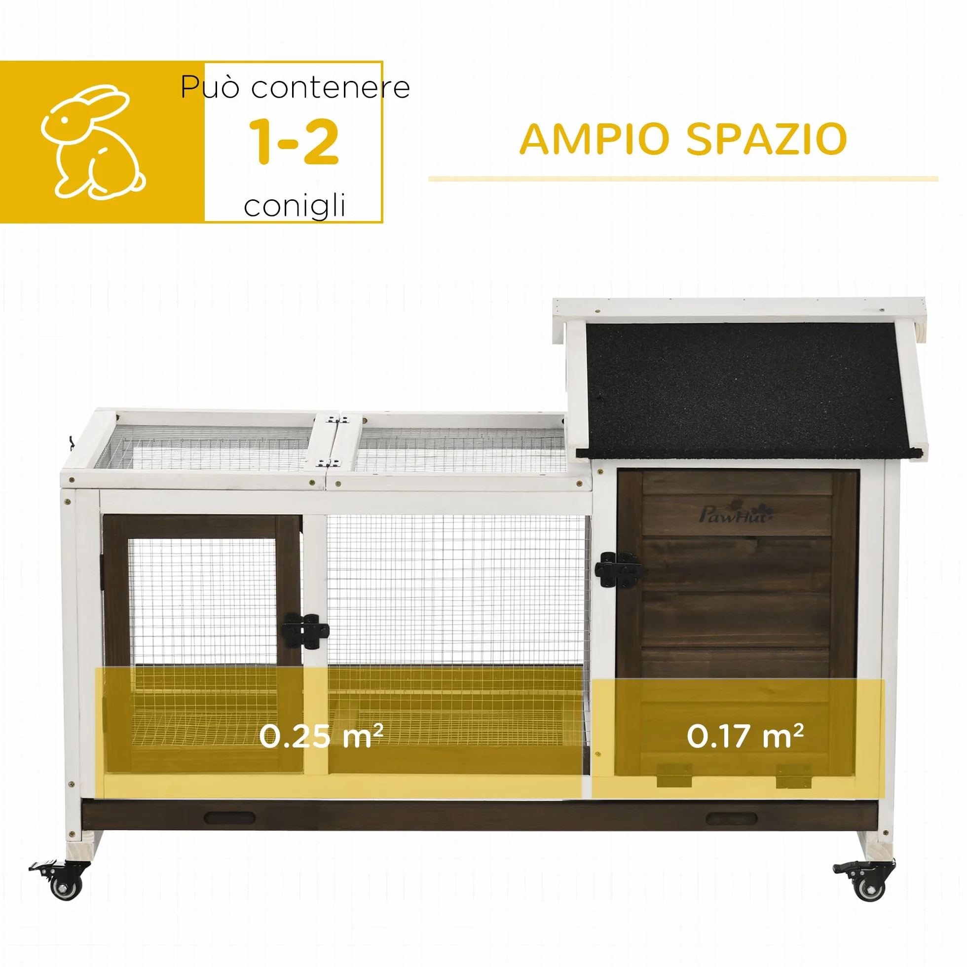 PawHut Conigliera in Legno da Interno ed Esterno con Ruote, Gabbia per Conigli con Casetta e Recinto, Tetto Apribile, Porte e Vassoio Estraibile, 108x58x73.5 cm, Marrone