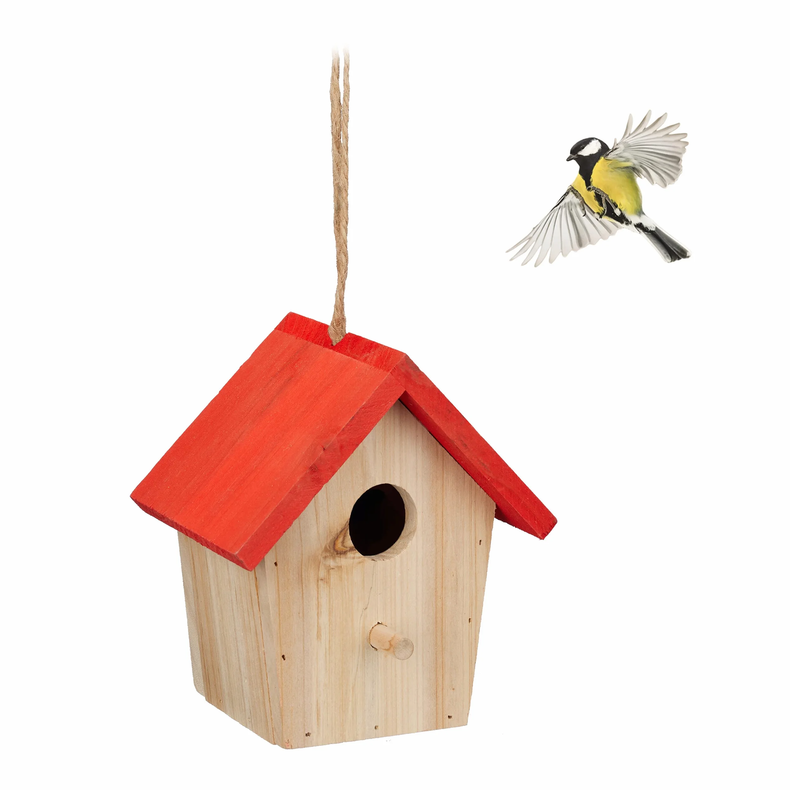 Relaxdays Casetta per Uccelli Decorativa, da Appendere in Giardino, Balcone, HLP: 16x15x11 cm, in Legno, Naturale Rossa