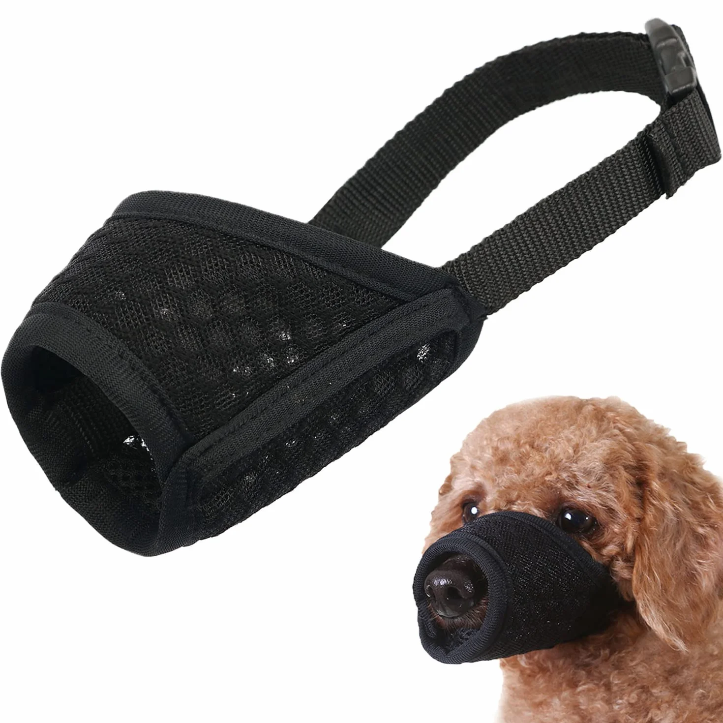 Mayerzon - Museruola per cani, morbida, a rete per cani di taglia piccola, media e grande, per non mordere e masticare, per toelettatura, permette di bere e ansimare (XS, nero)