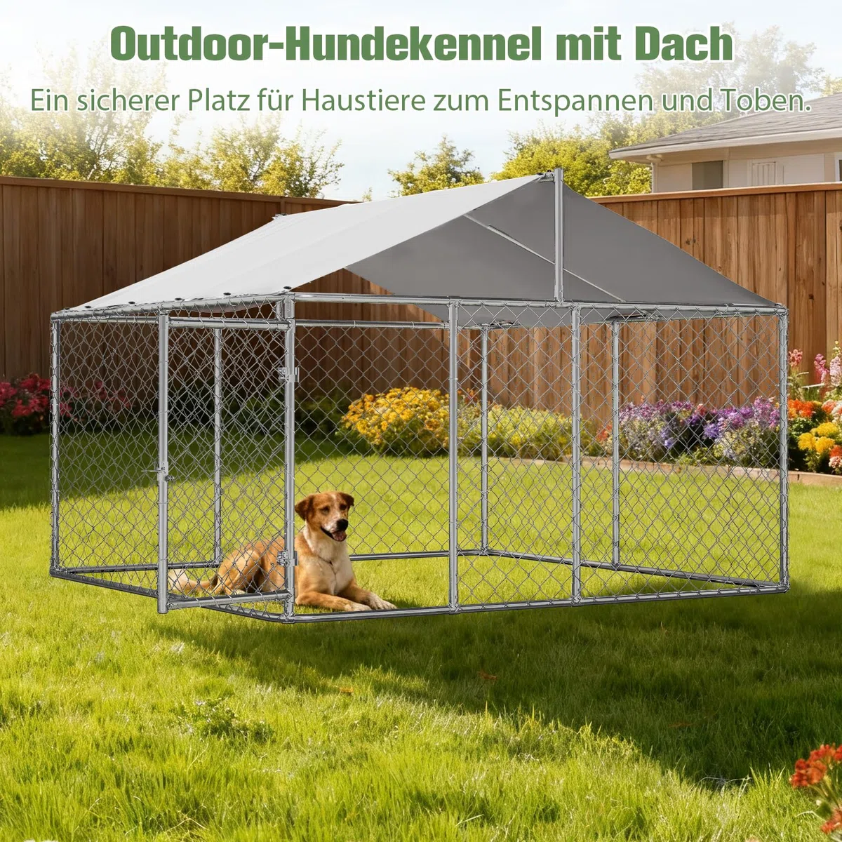 Cuccia per cani da esterni, 230 x 230 cm, con tetto e lucchetto, stabile beccuccio per cani in acciaio zincato con telo protettivo per giardino e terrazza