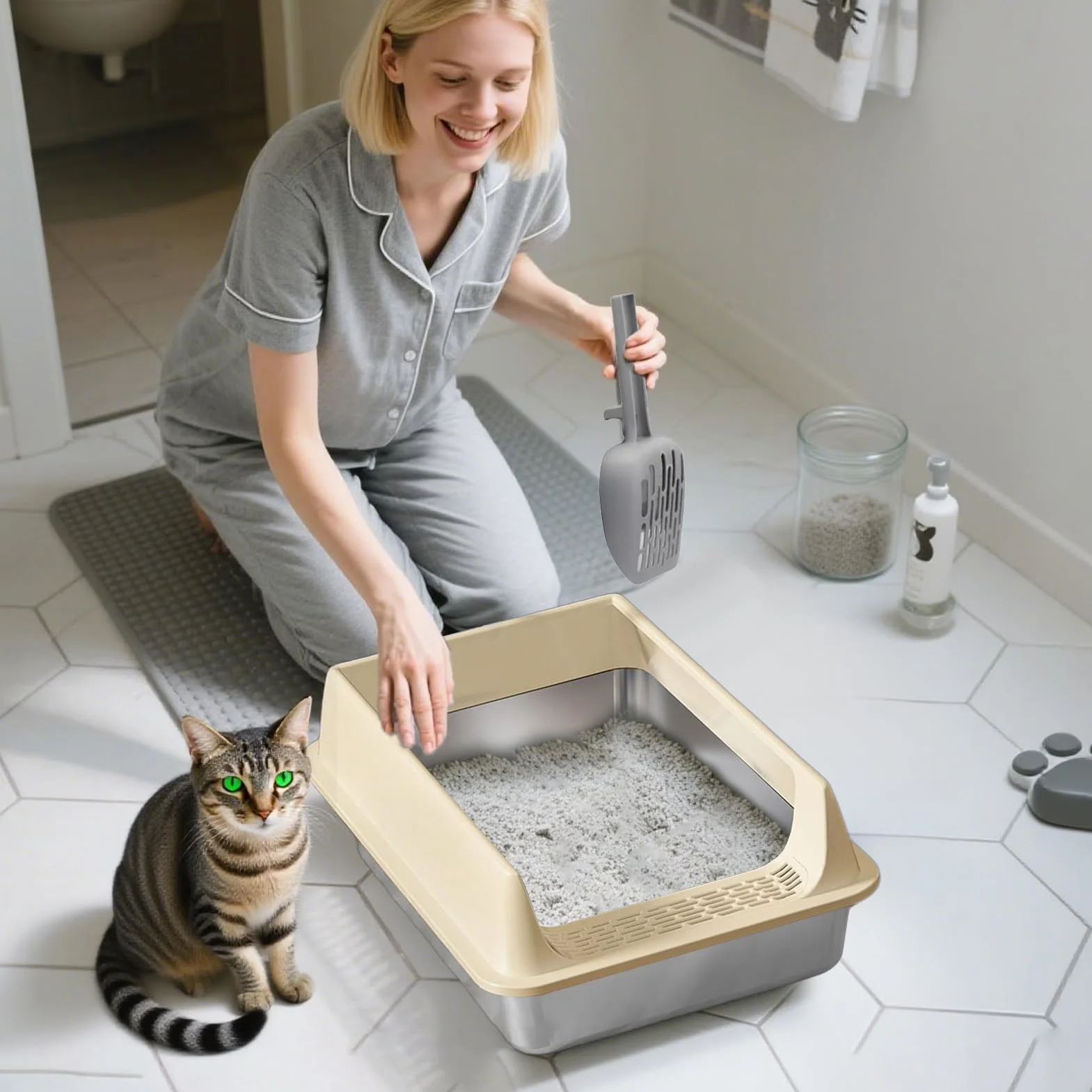 Cassetta Igienica per Gatti in Acciaio Inossidabile - Recinto con Bordi Alti per Lettiera - Vassoio con Fianchi Alti con, Toilette per Gattini per Casa, Appartamento, Salotto, Balcone, Cortile