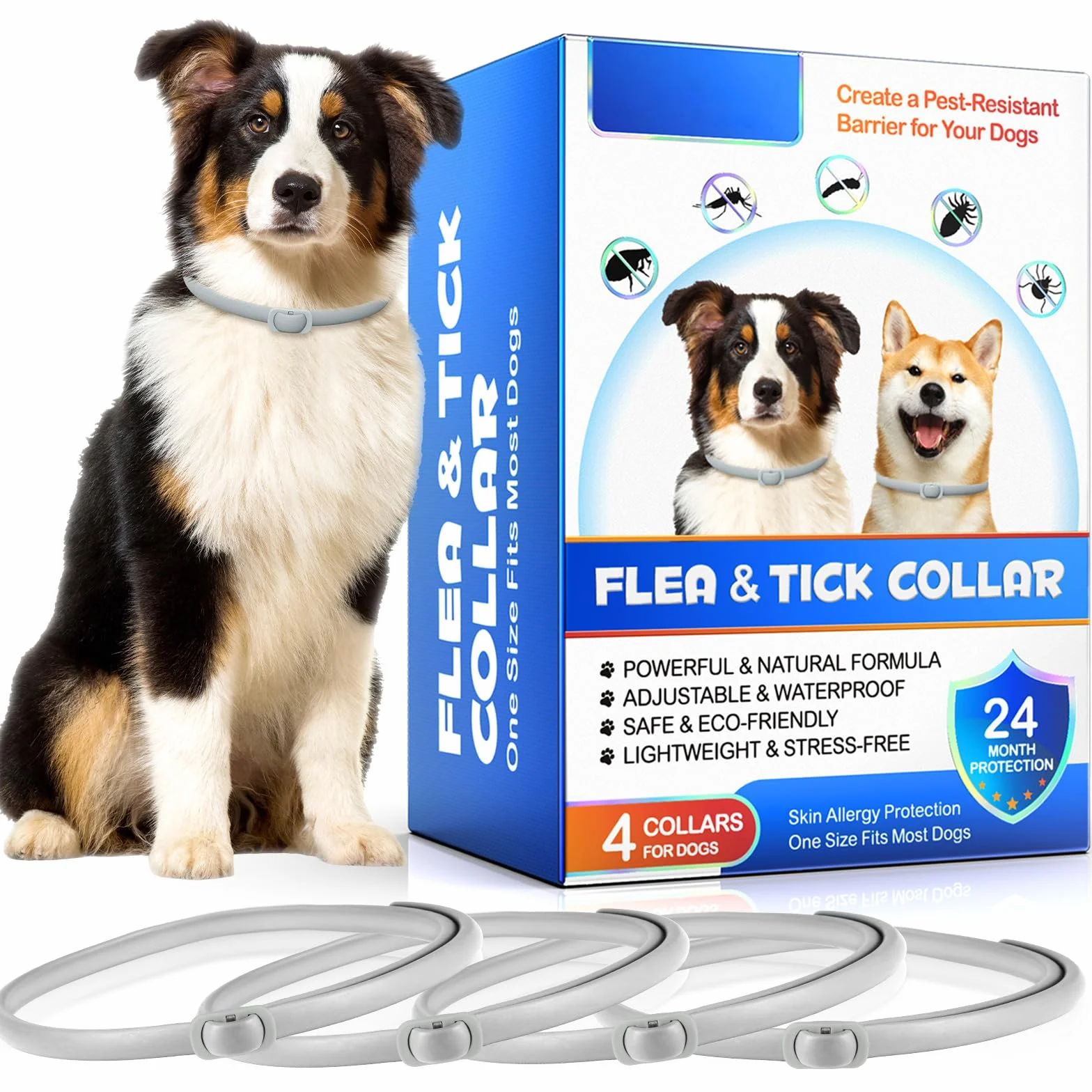 Collari Antipulci per Cani, Confezione da 4 Collari Antipulci per Cani con Protezione Efficace per 24 Mesi, Impermeabili, Regolabili per Taglia Piccola, Media e Grande