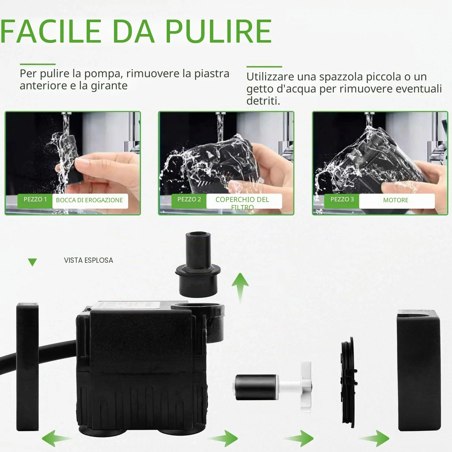 Mini pompa dell'acqua (350 l/h, 5 W), con sollevamento elevato, cavo di alimentazione da 1,5 m, 2 ugelli per acquari, laghetti, fontane, statue