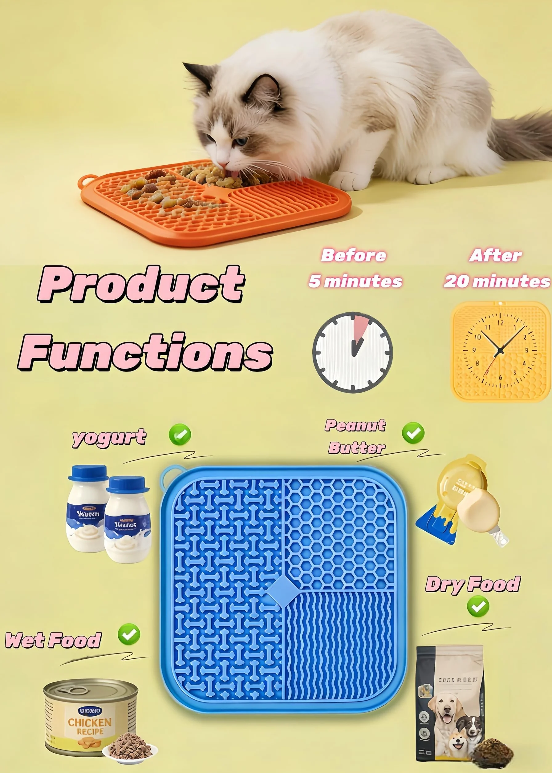Confezione da 2 tappetini per cani e gatti, in morbido silicone, forte ventosa, divisori multifunzionali per alleviare l'ansia (arancione e blu)