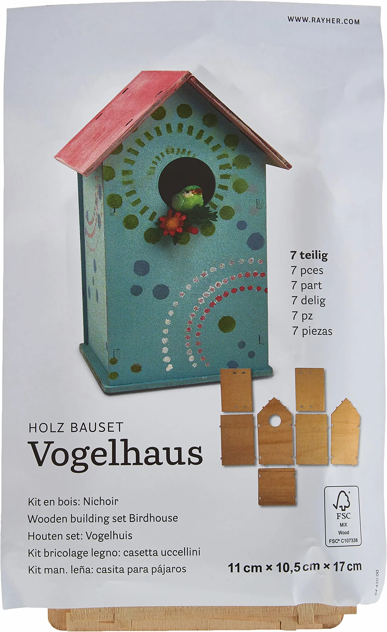 Rayher 62224000 kit in legno casetta per uccelli FSC Mix Credit, 11 x 10,5 x 17 cm, 7 pezzi, Oggetto decorativo, Oggetti decorativi