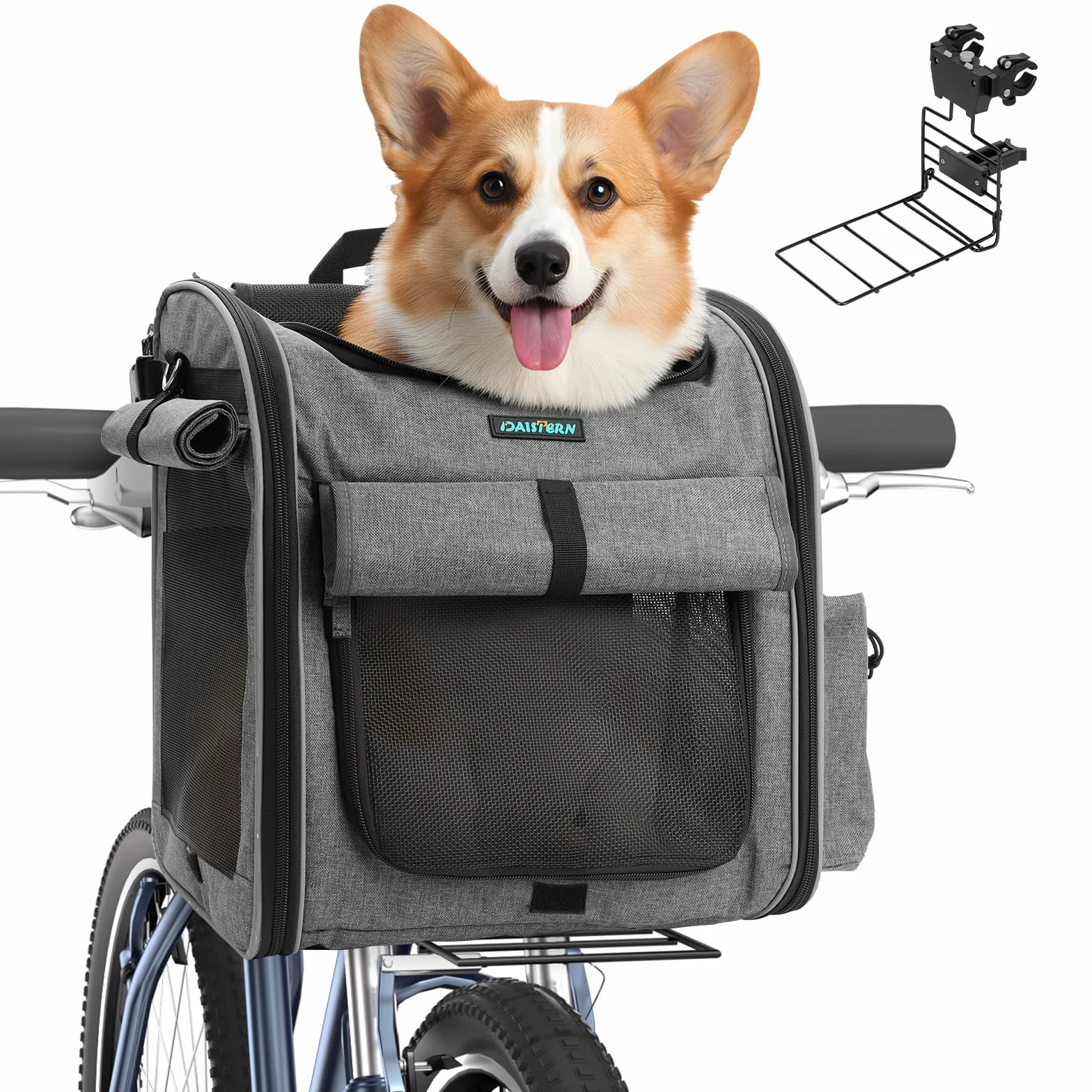 Cestino anteriore 4 in 1 per cani, zaino e seggiolino auto, carico 10 kg, supporto stabile a forma di L per biciclette elettriche (display < 8 cm), borsa per bicicletta pieghevole