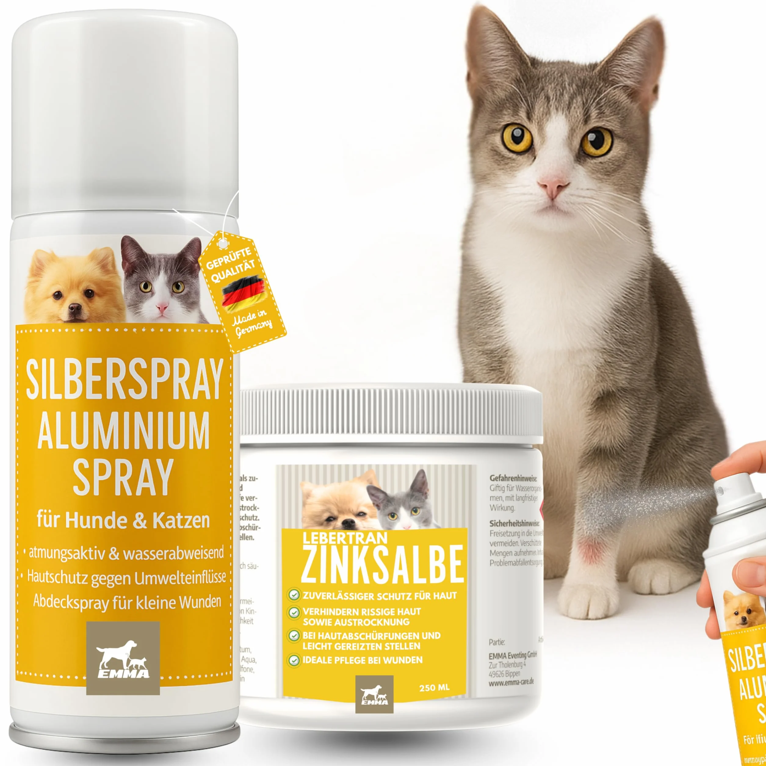 Set di primo soccorso per gatti, spray d'argento + unguento di zinco ebertran, spray per ferite per animali domestici, per la guarigione delle ferite, unguento per la ferita cerotto spray 250ml 200ml