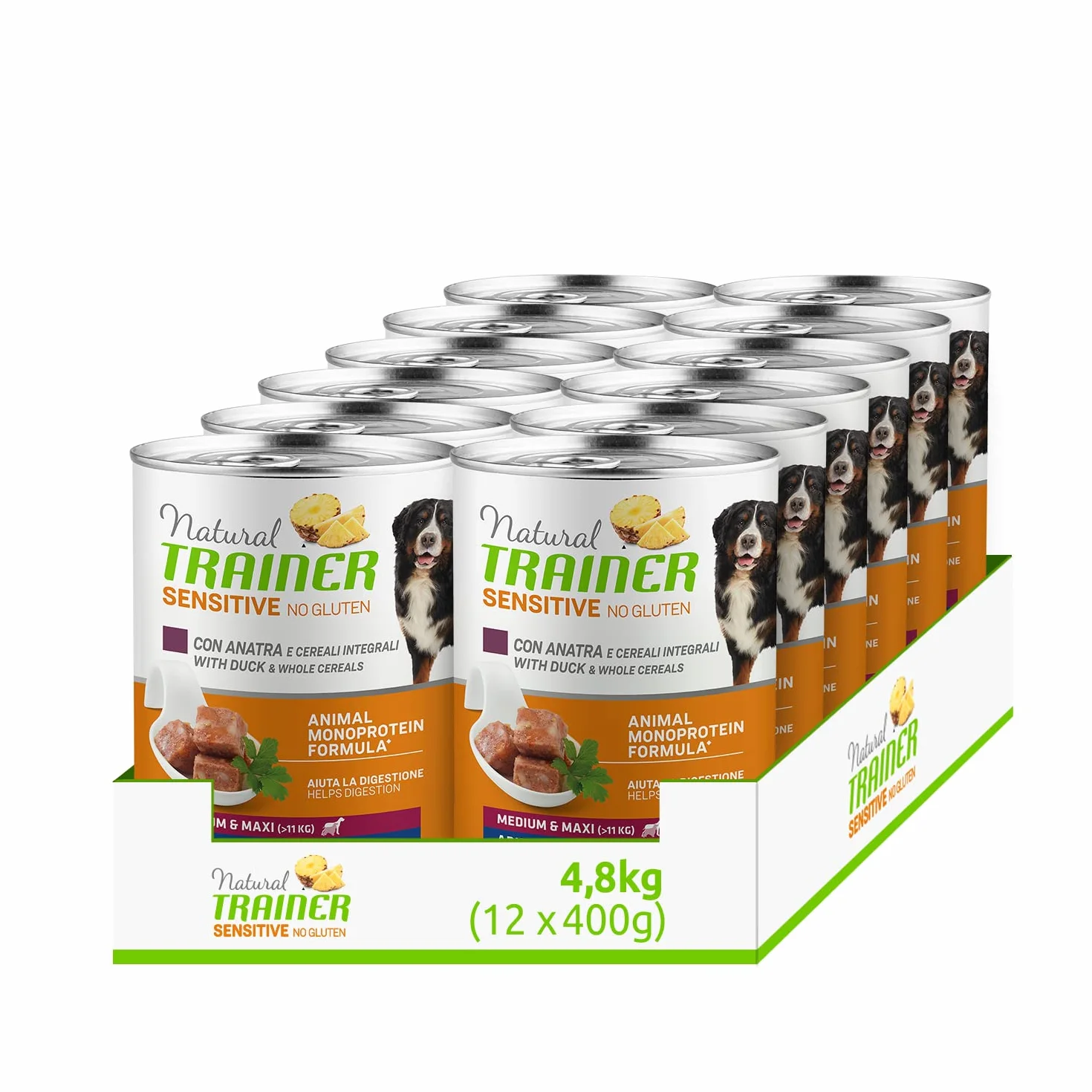 Natural Trainer Sensitive No Gluten Medium Maxi Cibo Umido per Cani con Anatra e Cerali Integrali 12 x 400 g