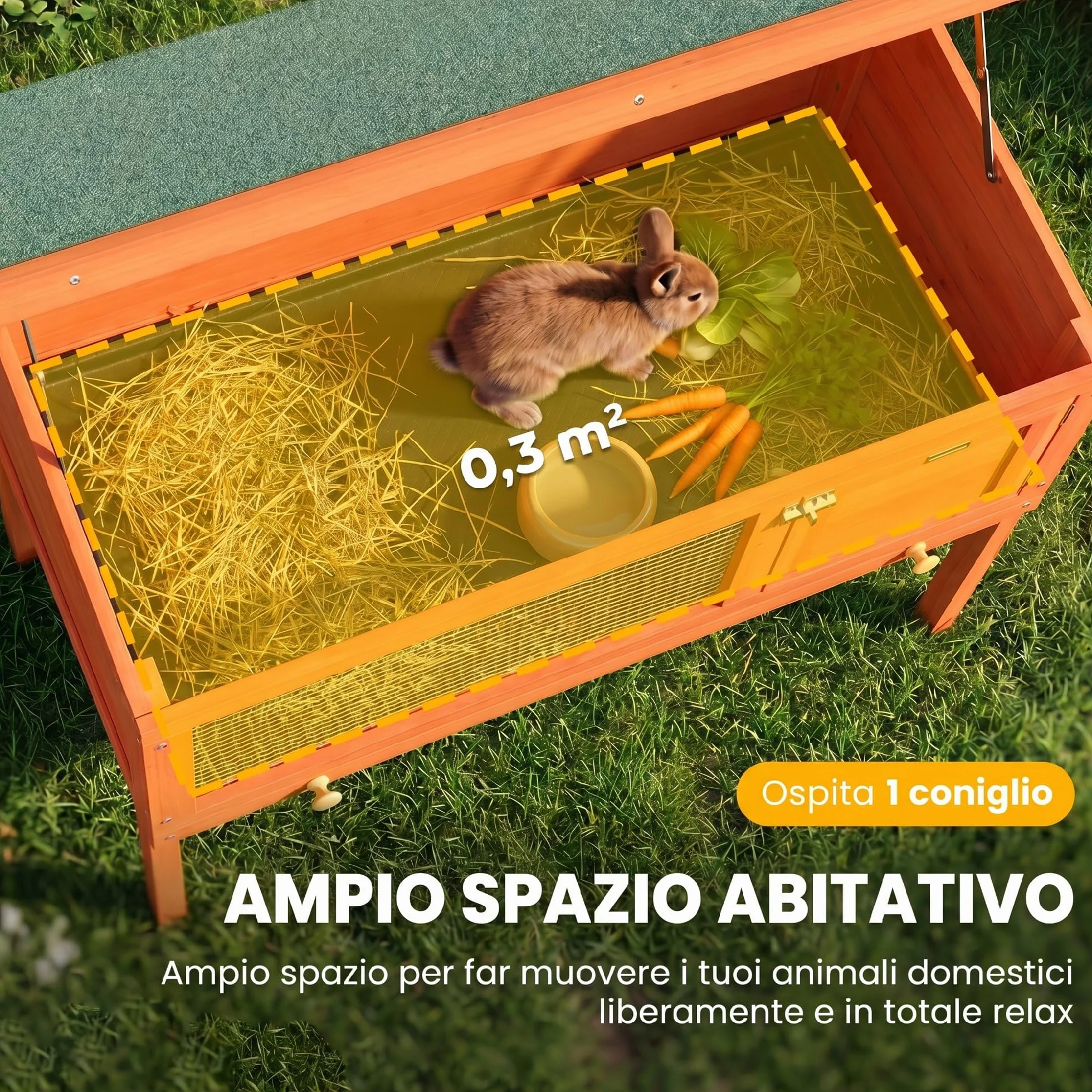 PawHut Conigliera da Esterno in Legno di Pino, Gabbia Casetta per Conigli con Vassoio Estraibile, Tetto Apribile in Bitume, Fondo Rialzato, Porcellini d'India, Cincillà, Arancione