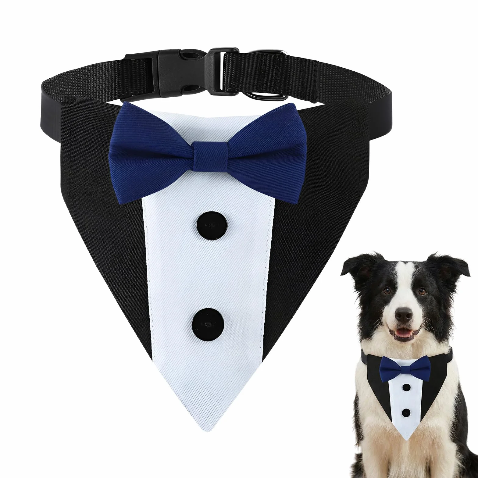 Bandana Cane Smoking con Papillon, Collare Elegante Taglia L Regolabile per Cani, Accessorio Blu e Nero per Matrimonio e Feste
