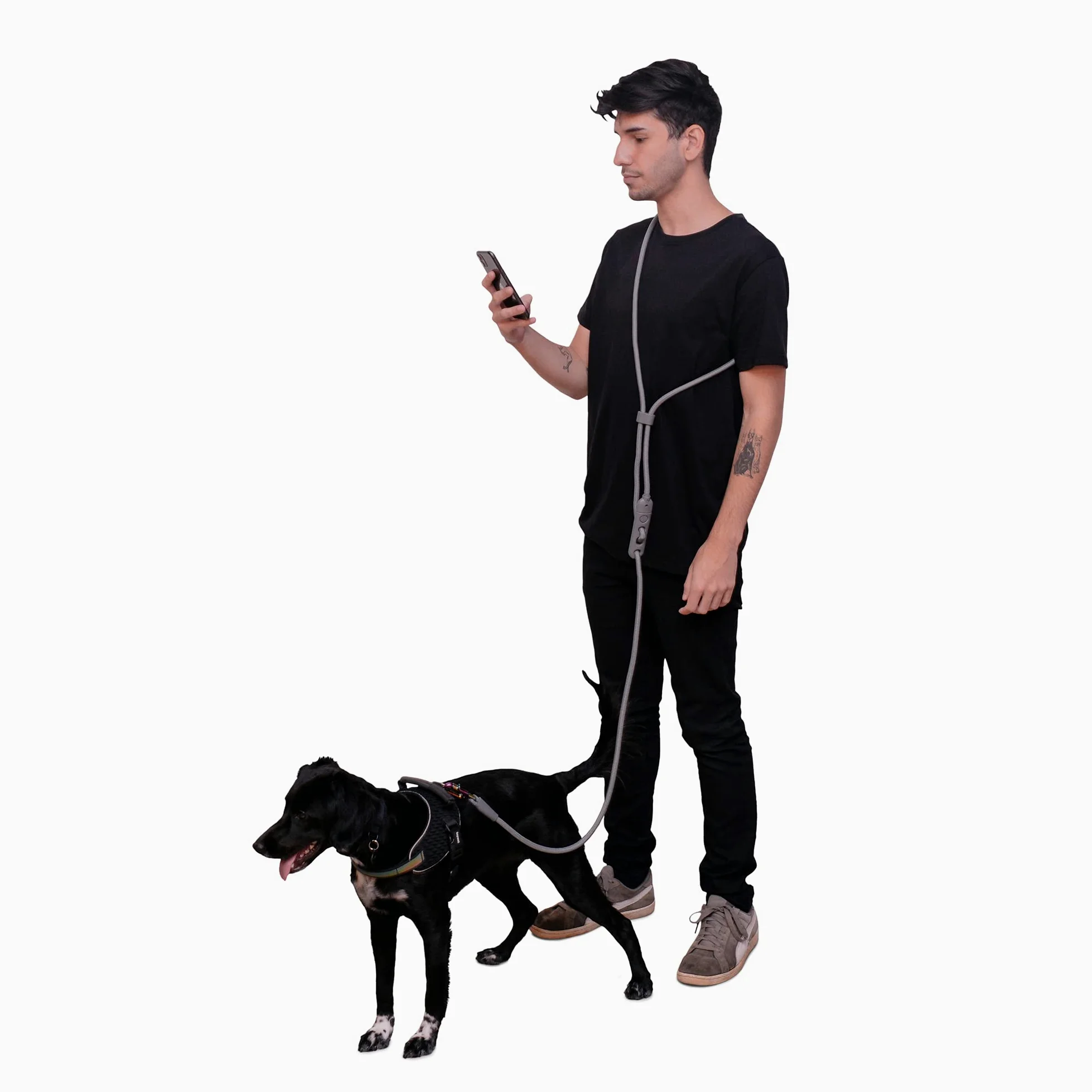 Guinzaglio per cani grigio titanio 3 in 1, per un uso senza mani, versatile, in corda, da indossare a tracolla, regolabile in lunghezza
