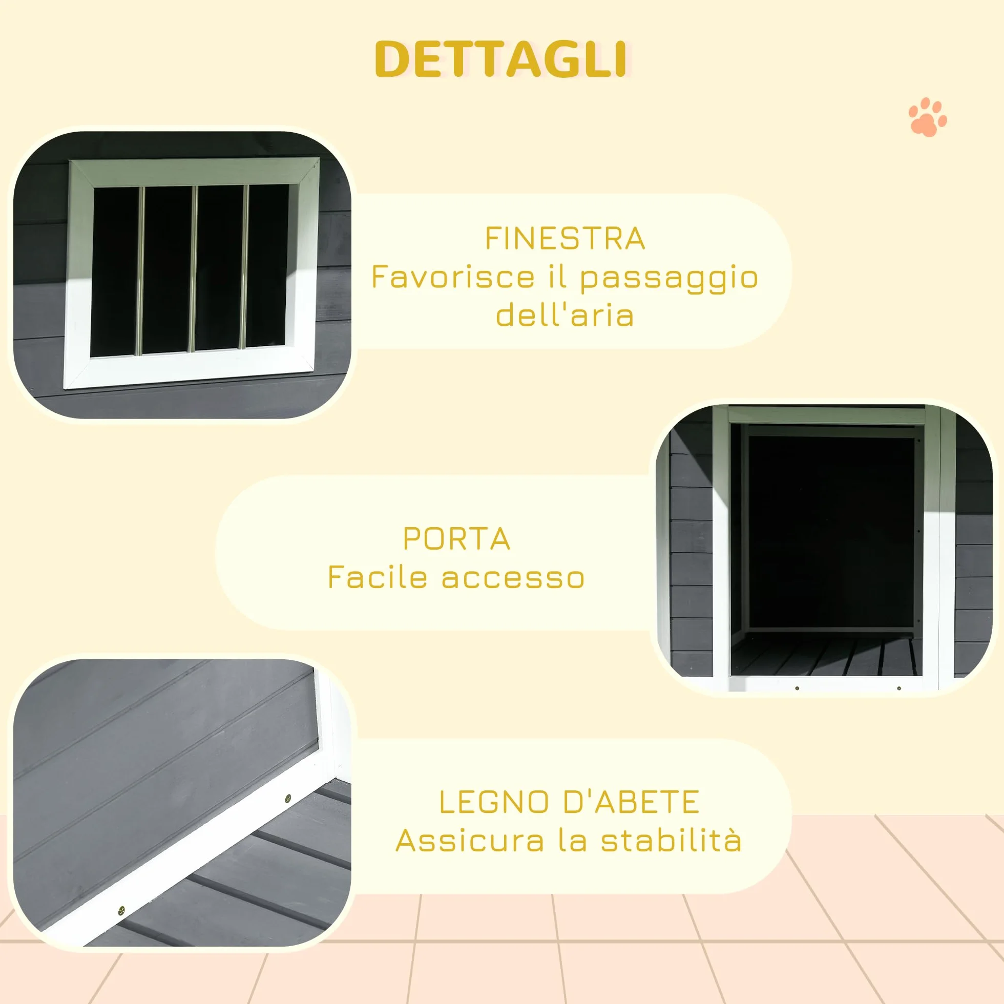 PawHut Cuccia per Cani da Esterno con Tetto in Bitume Impermeabile, Casetta per Cani in Legno Massello con Finestra e Terrazza, 124x112x105cm, Grigio